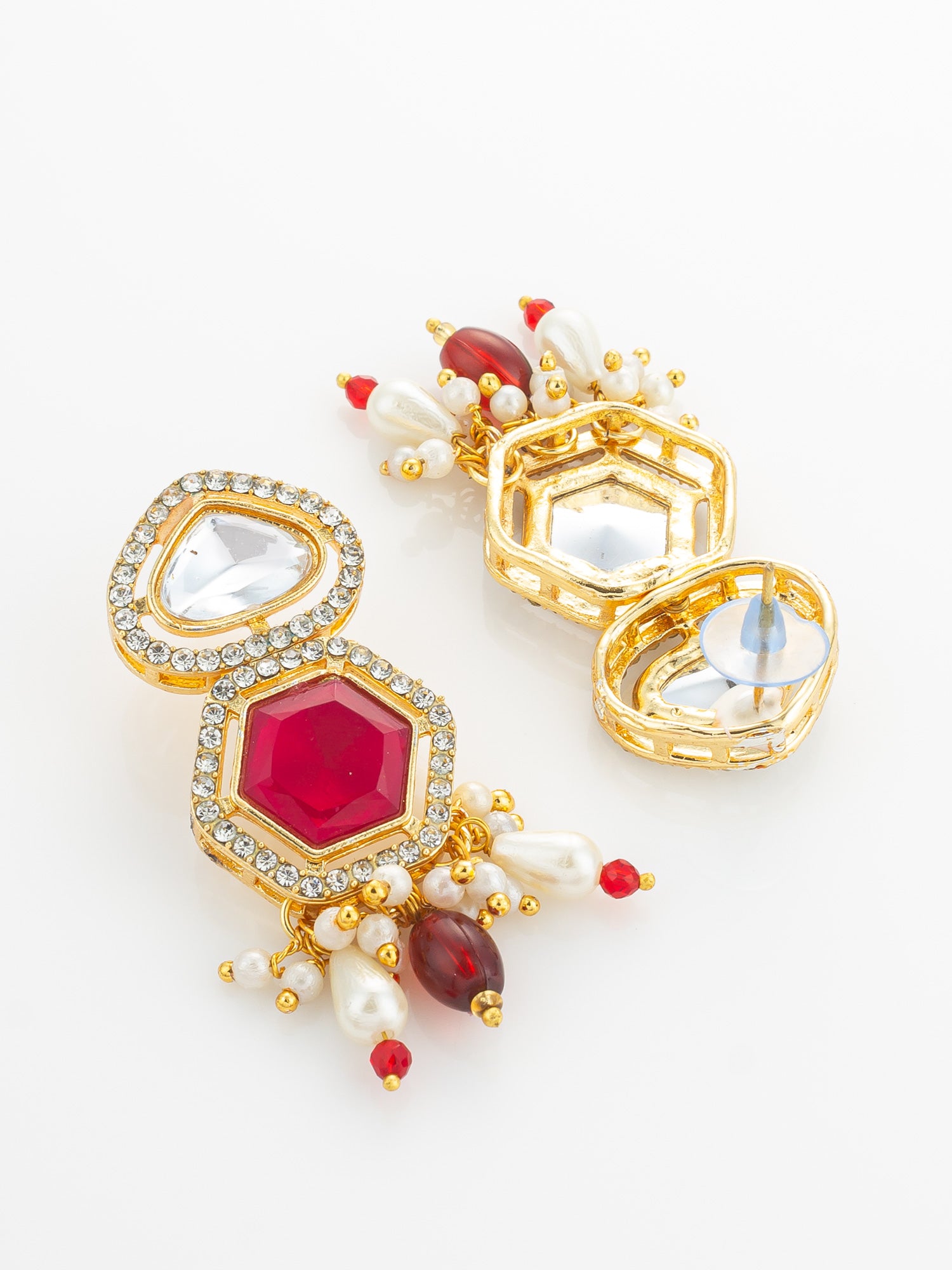 Gold Plated Long Pearl & Red Stone Necklace Set – View 3 | Aadita Jewelry