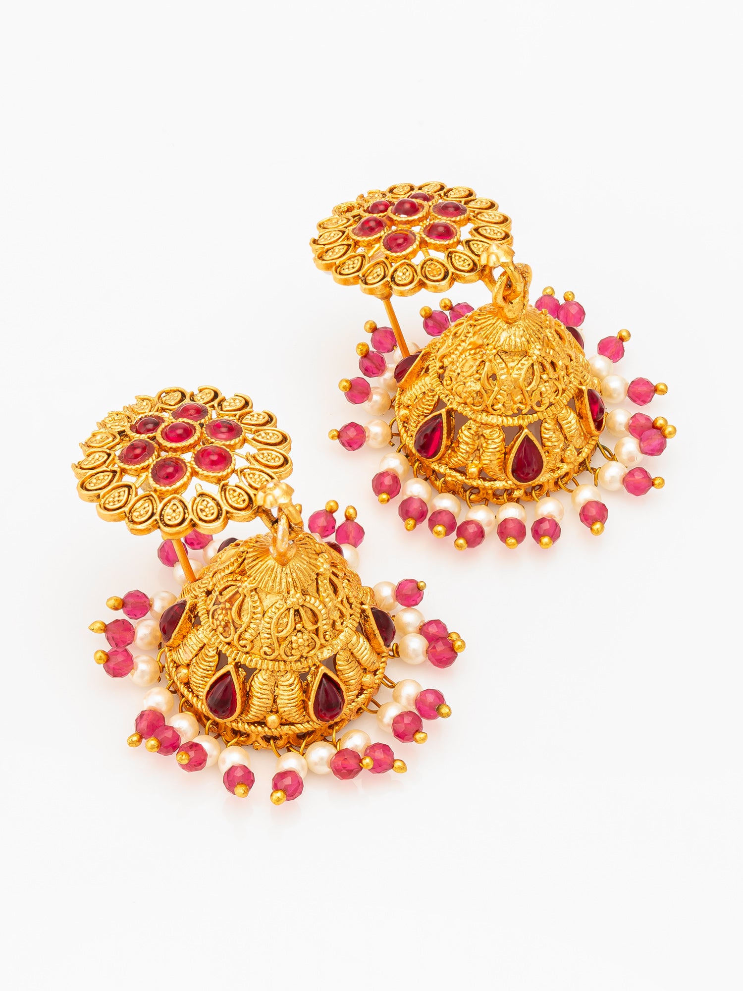 Aadita Floral Motif Gold Plated Pink Stone Jhumka Earrings – View 2 | Aadita Jewelry