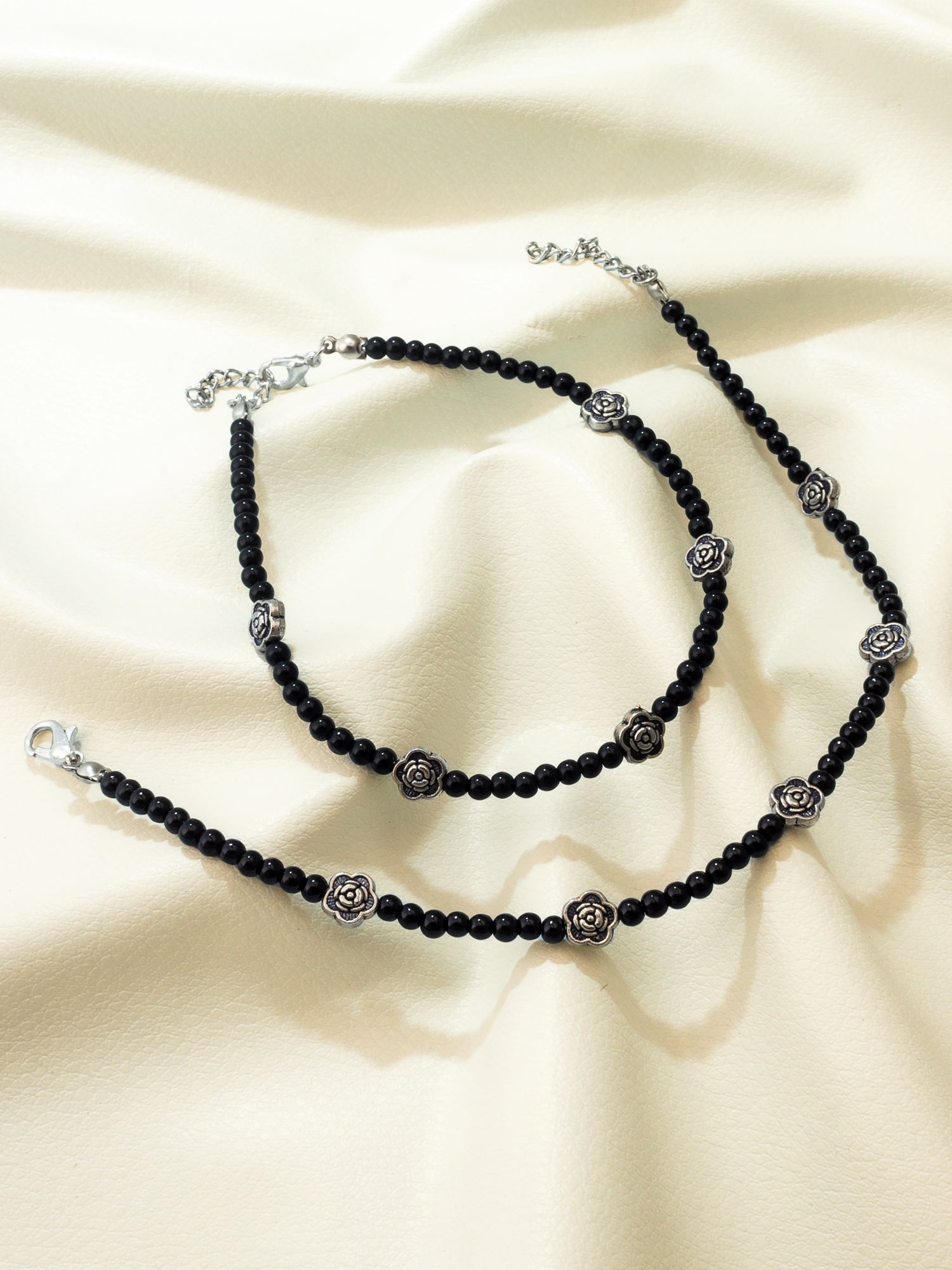 Black Bead Floral Rose Oxidized Anklet Set – View 4 | Aadita Jewelry