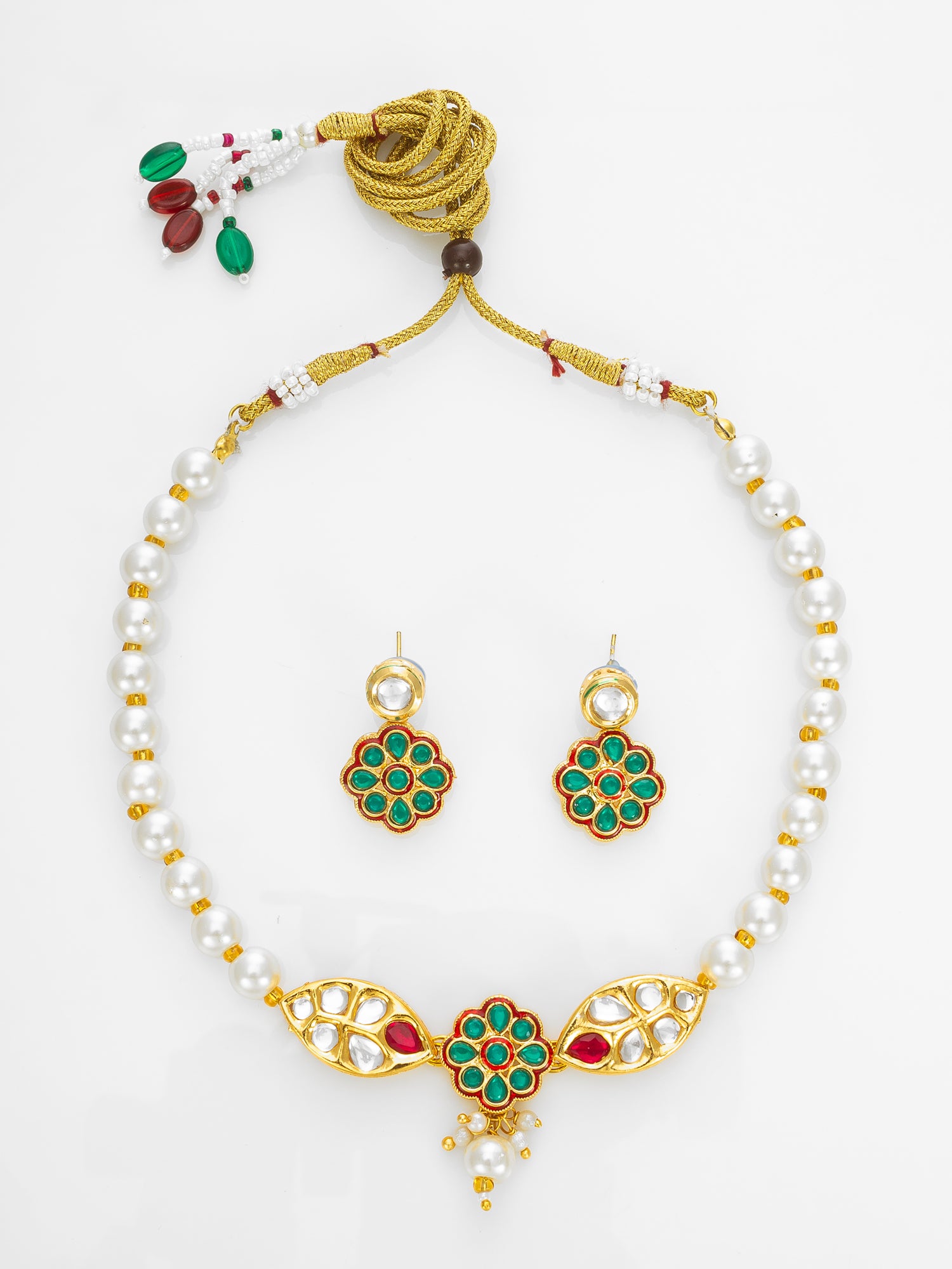Gold Plated White Pearl Beaded Traditional Necklace Set | Aadita Jewelry