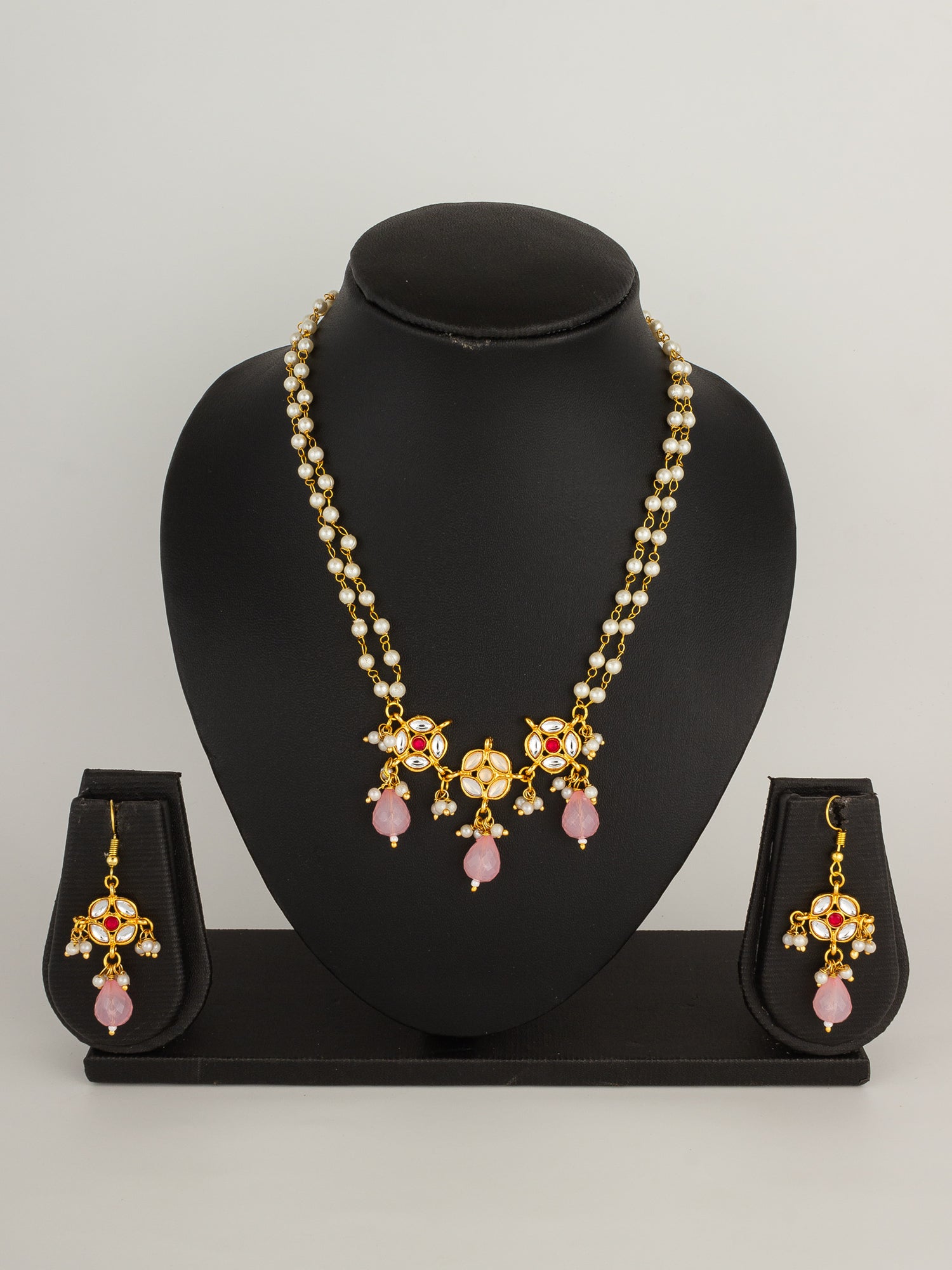 Pearl and Rose Stone Ethnic Necklace Set – View 4 | Aadita Jewelry