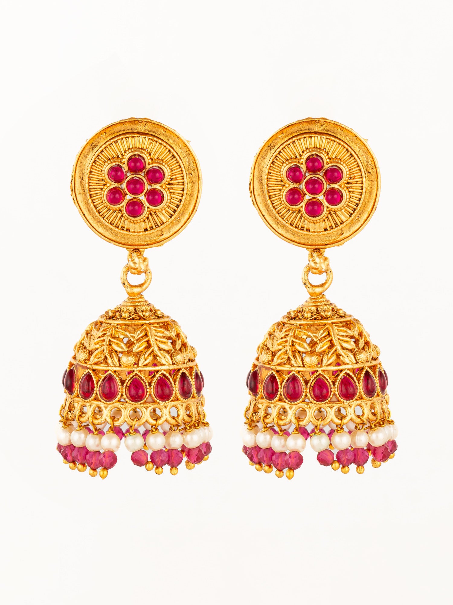 Aadita Traditional Gold Plated Pink Stone Jhumka Earrings | Aadita Jewelry