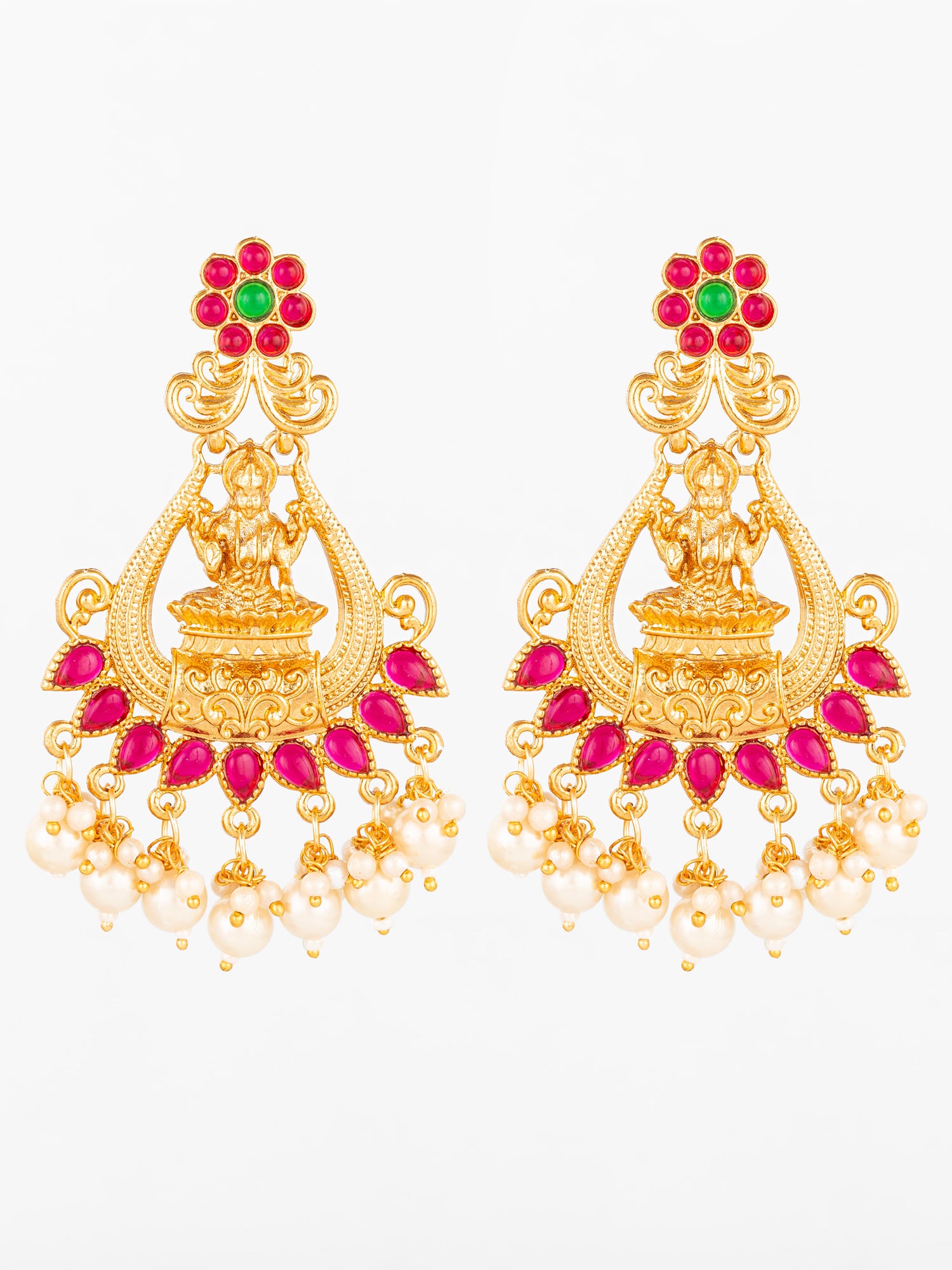 Aadita Temple Style Gold Plated Pink & Green Chandelier Jhumka Earrings | Aadita Jewelry