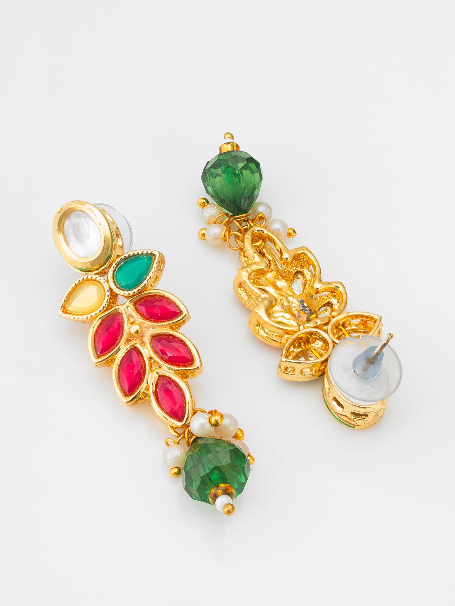 Leaf Pattern Kundan Necklace Set with Green Bead Drops – View 3 | Aadita Jewelry