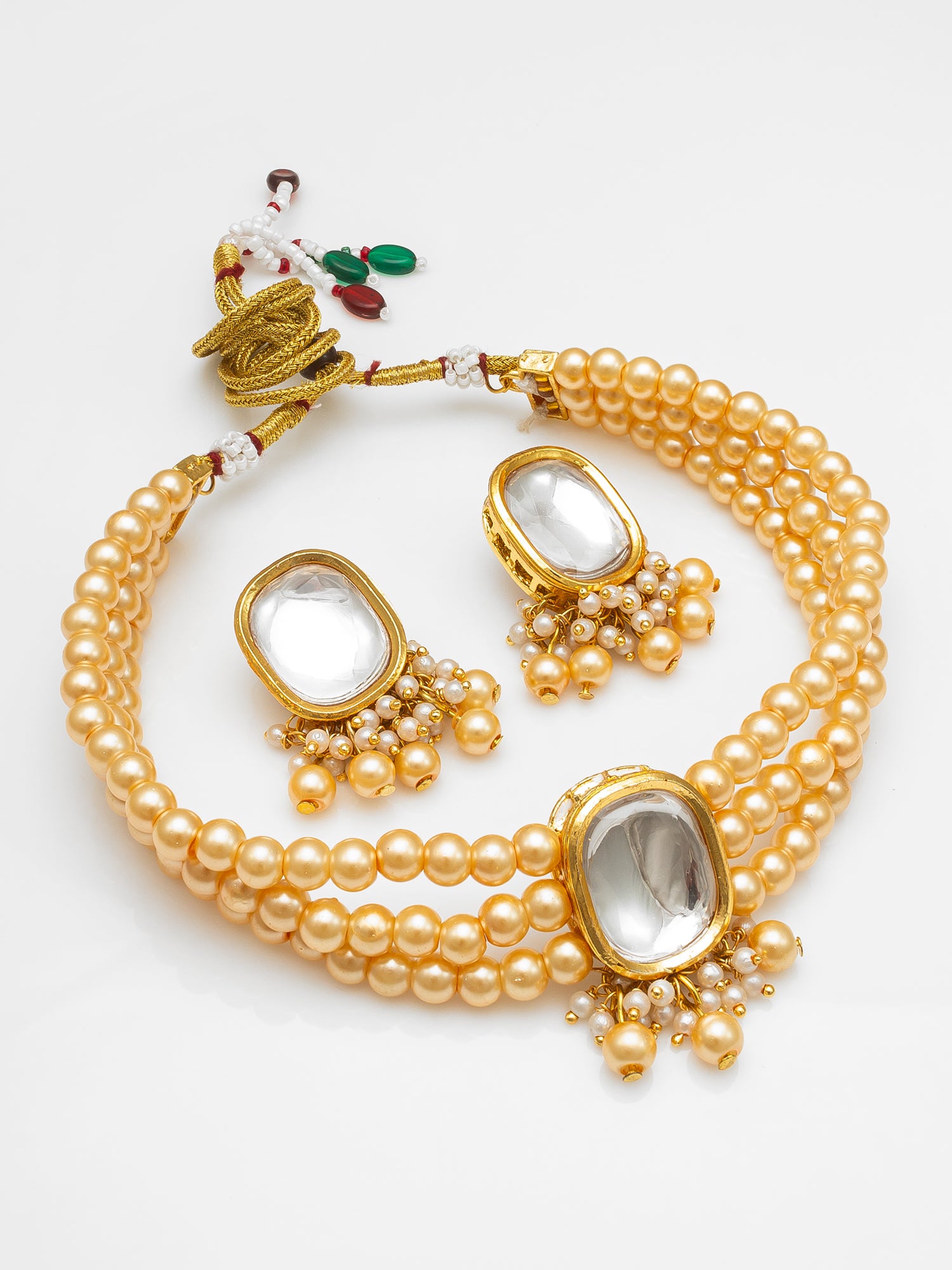 Gold-Toned Kundan Beaded Choker Necklace Set with Earrings | Aadita Jewelry