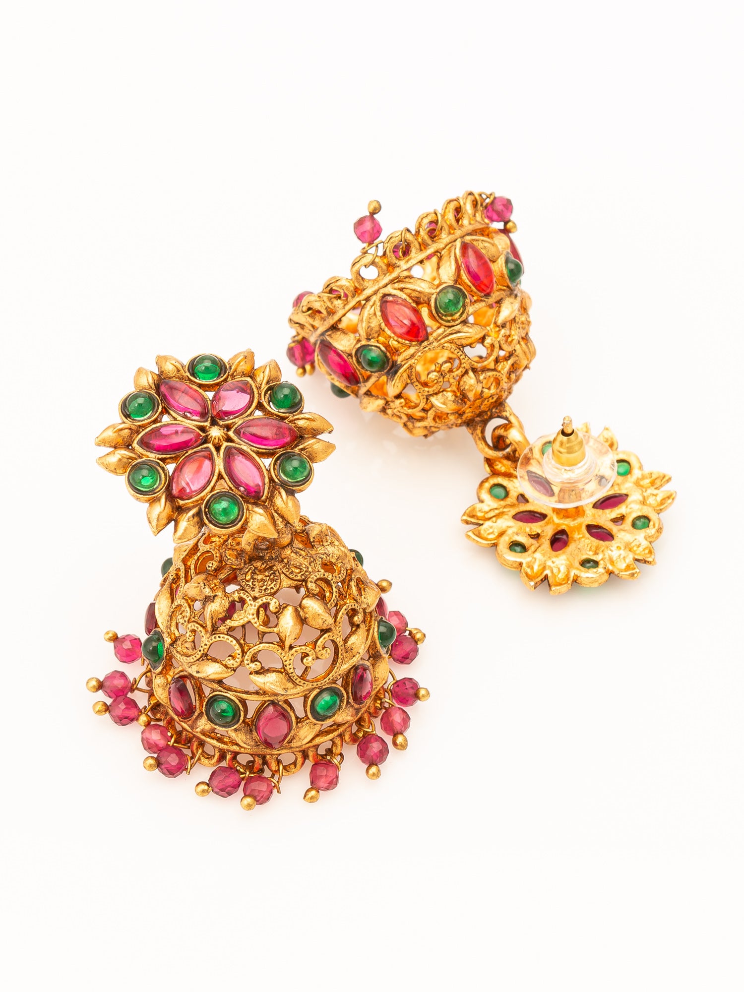 Aadita Traditional Gold-Tone Kundan Jhumka Earrings with Pink and Green Stones – View 3 | Aadita Jewelry