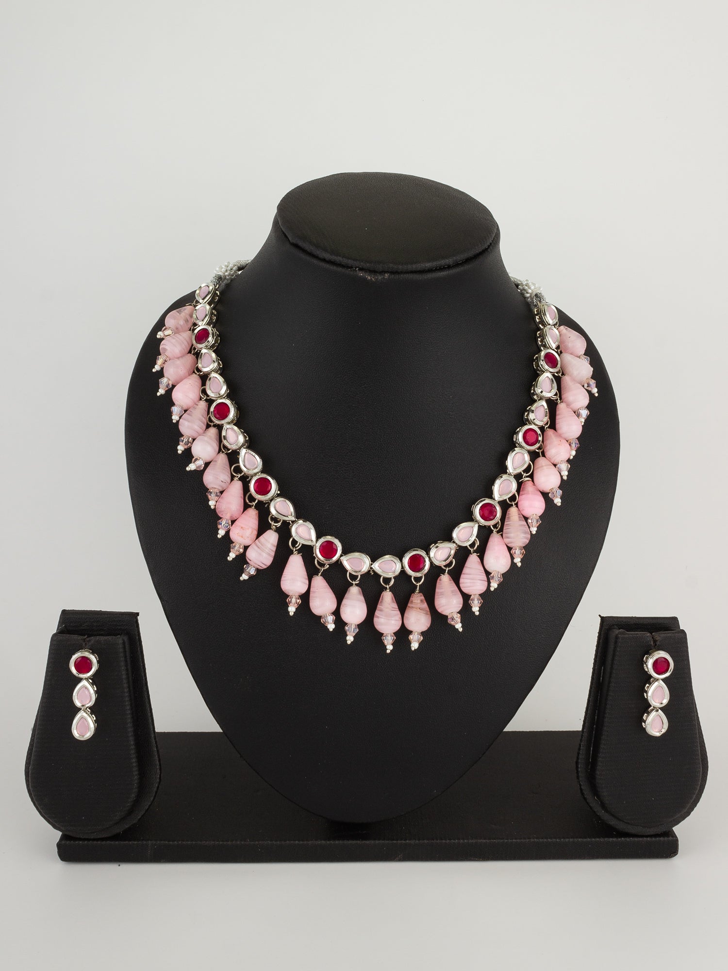Silver-Tone Pink Kundan Necklace Set with Shell Pearl Drops and Crystal – View 4 | Aadita Jewelry