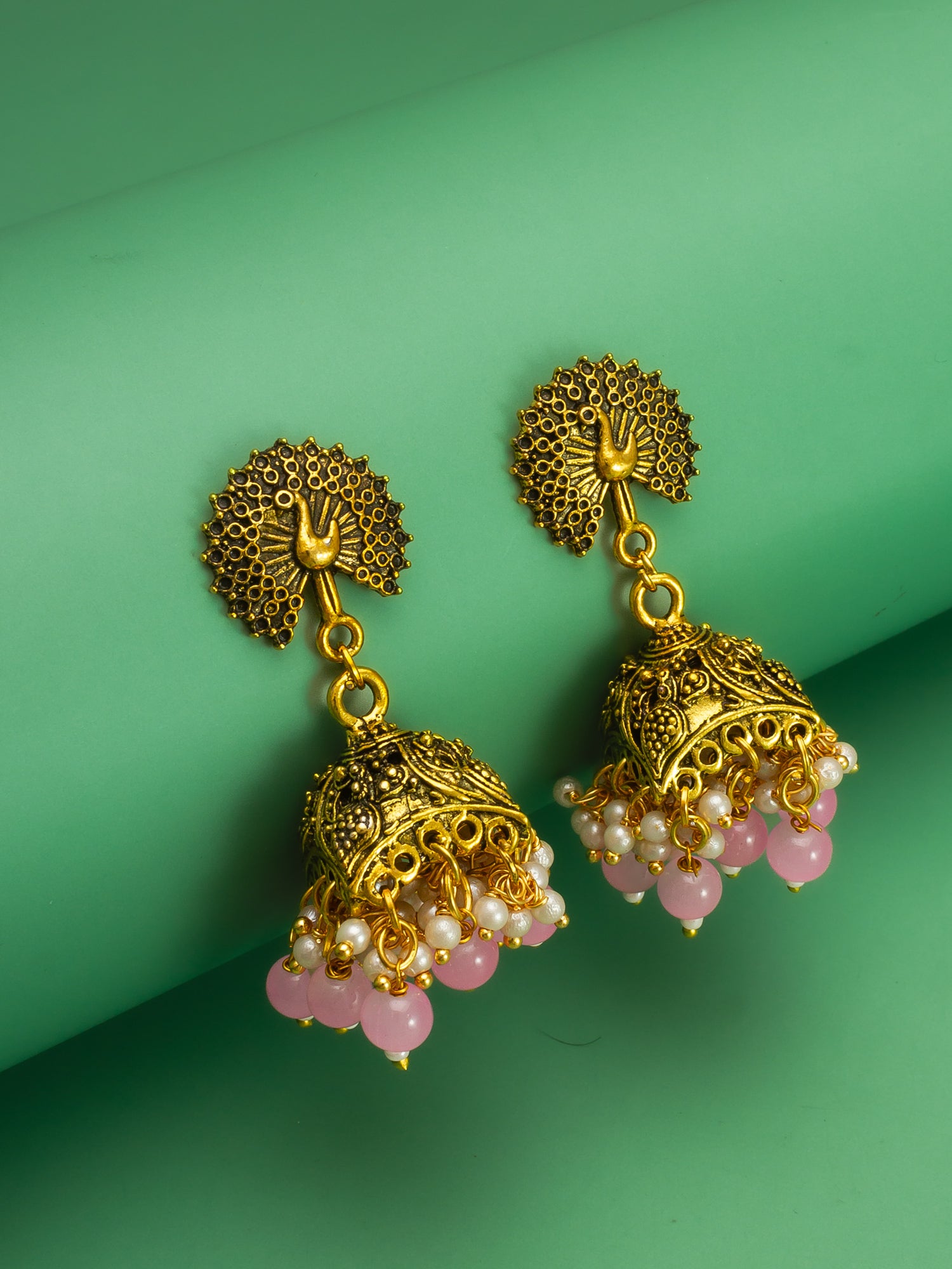 Peacock Motif Pink Beaded Gold Plated Jhumka Earrings – View 4 | Aadita Jewelry