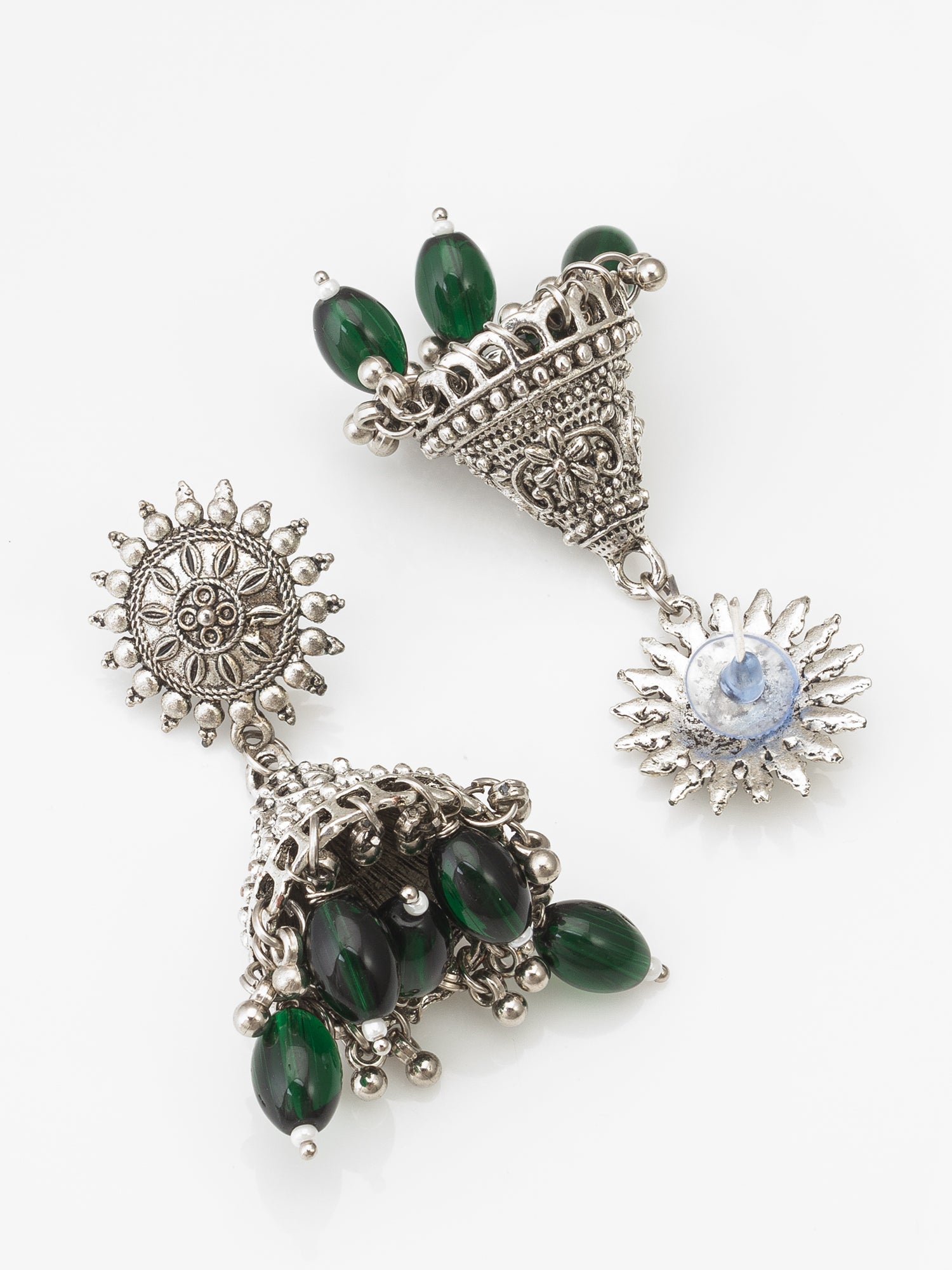 Oxidized Silver Jhumka Earrings with Beads – View 2 | Aadita Jewelry