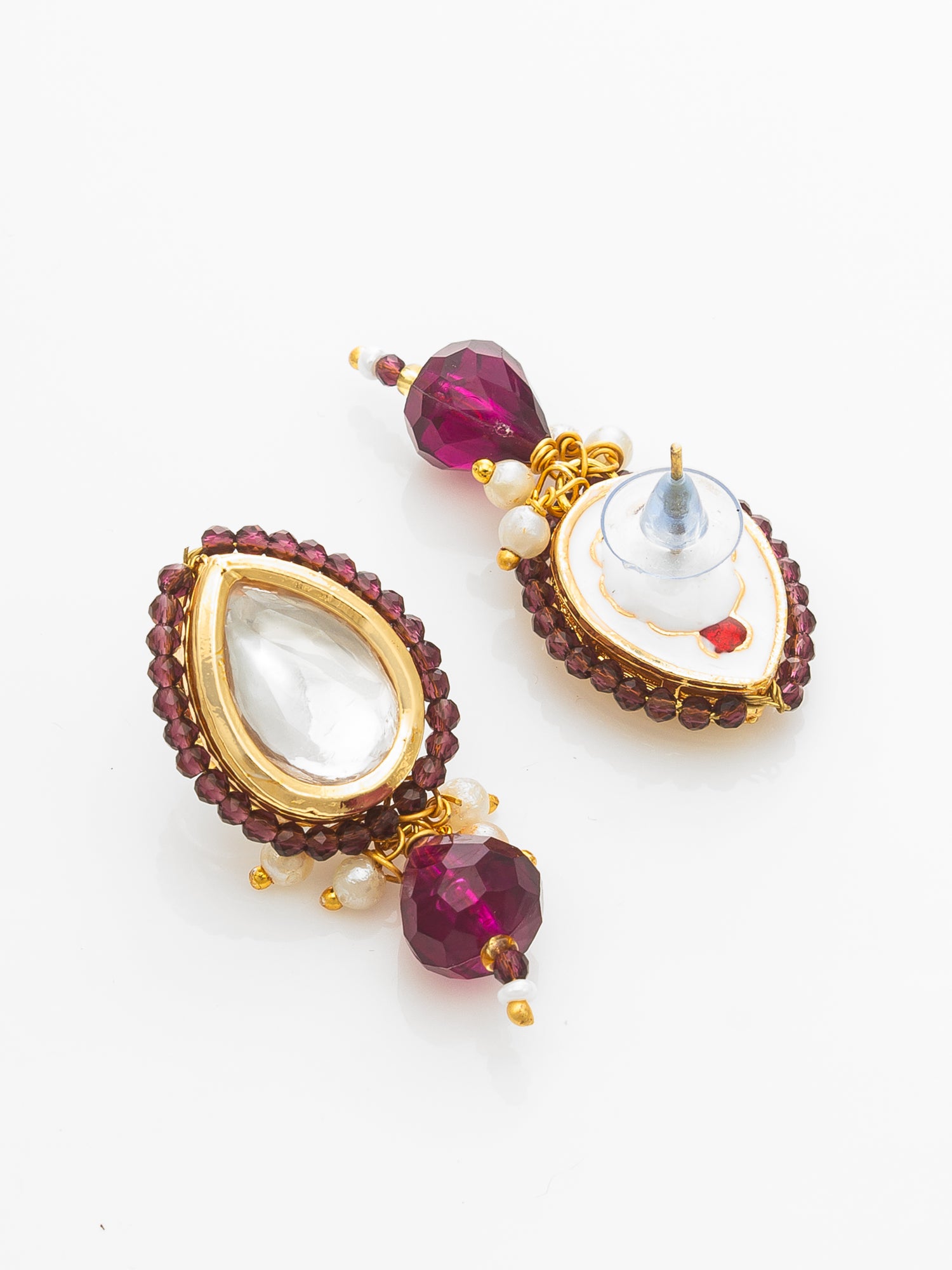 Gold-Plated Maroon Beaded Kundan Necklace Set with Earrings – View 3 | Aadita Jewelry