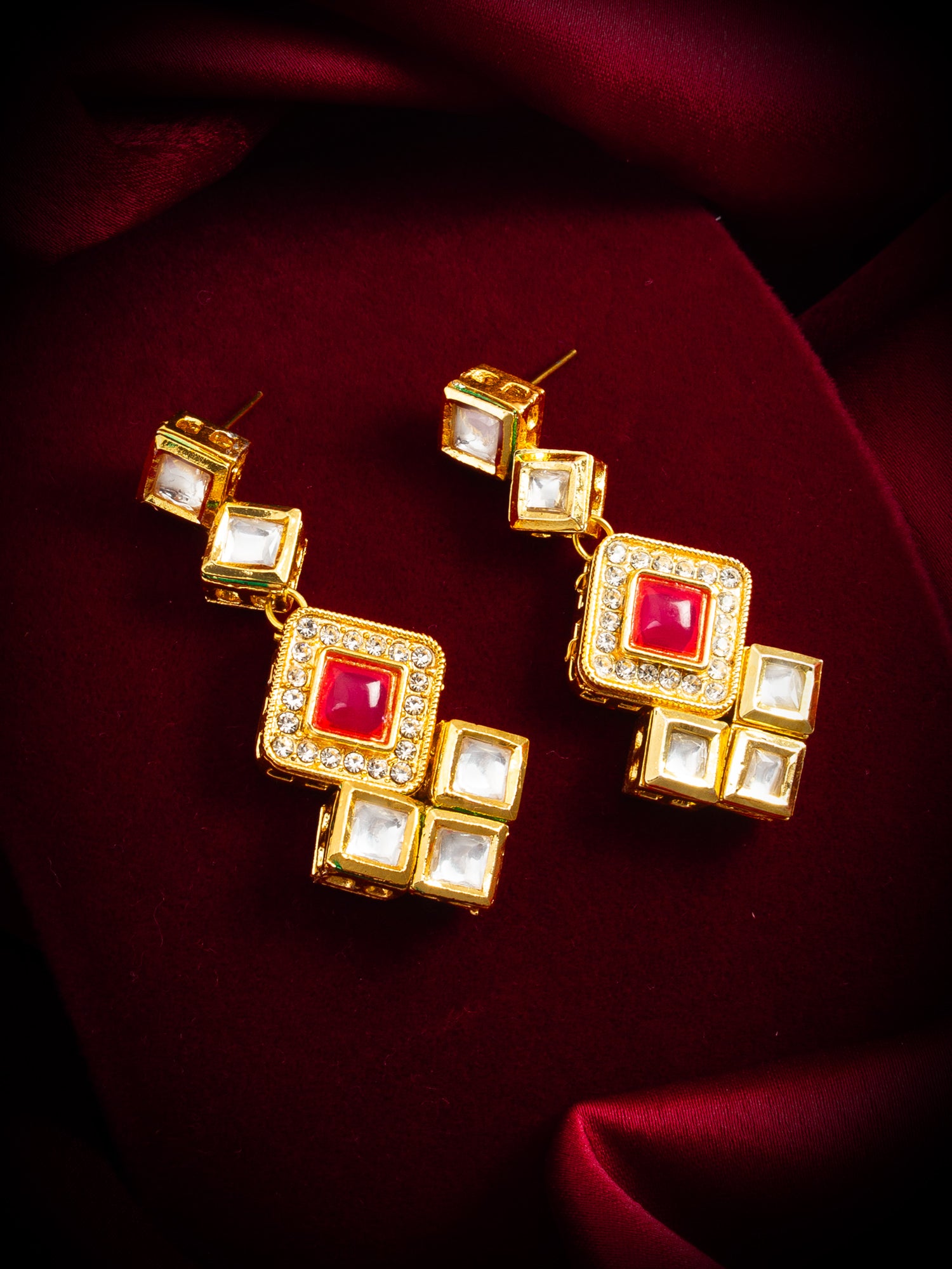 Gold-Plated Geometric Square Cascade Drop Earrings with Pink Stone – View 4 | Aadita Jewelry