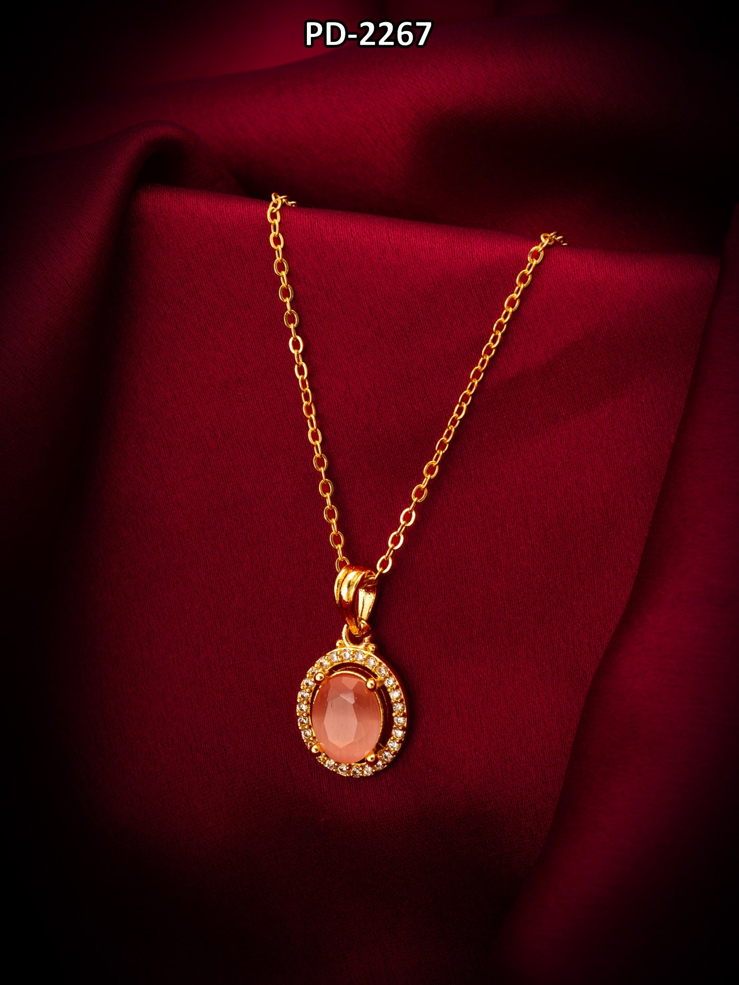 Gold-Tone Oval Pink Stone AD Pendant Necklace – View 5 | Aadita Jewelry