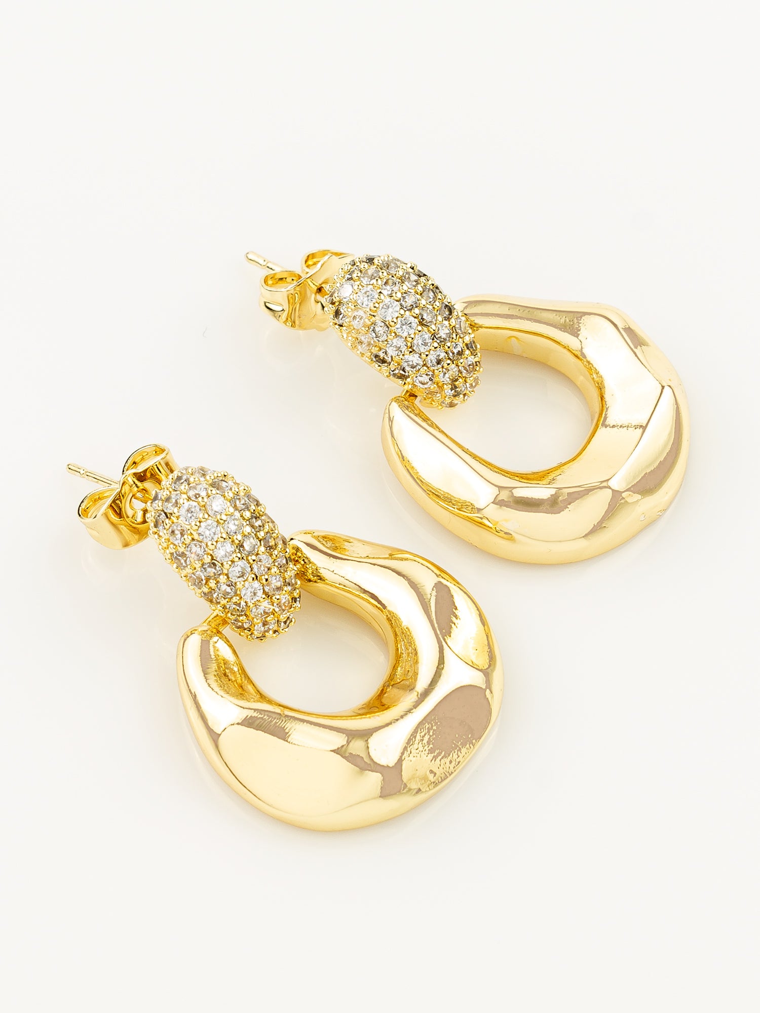 Gold Plated Glossy Dome Hoop Earrings with American Diamond Studded Top – View 2 | Aadita Jewelry