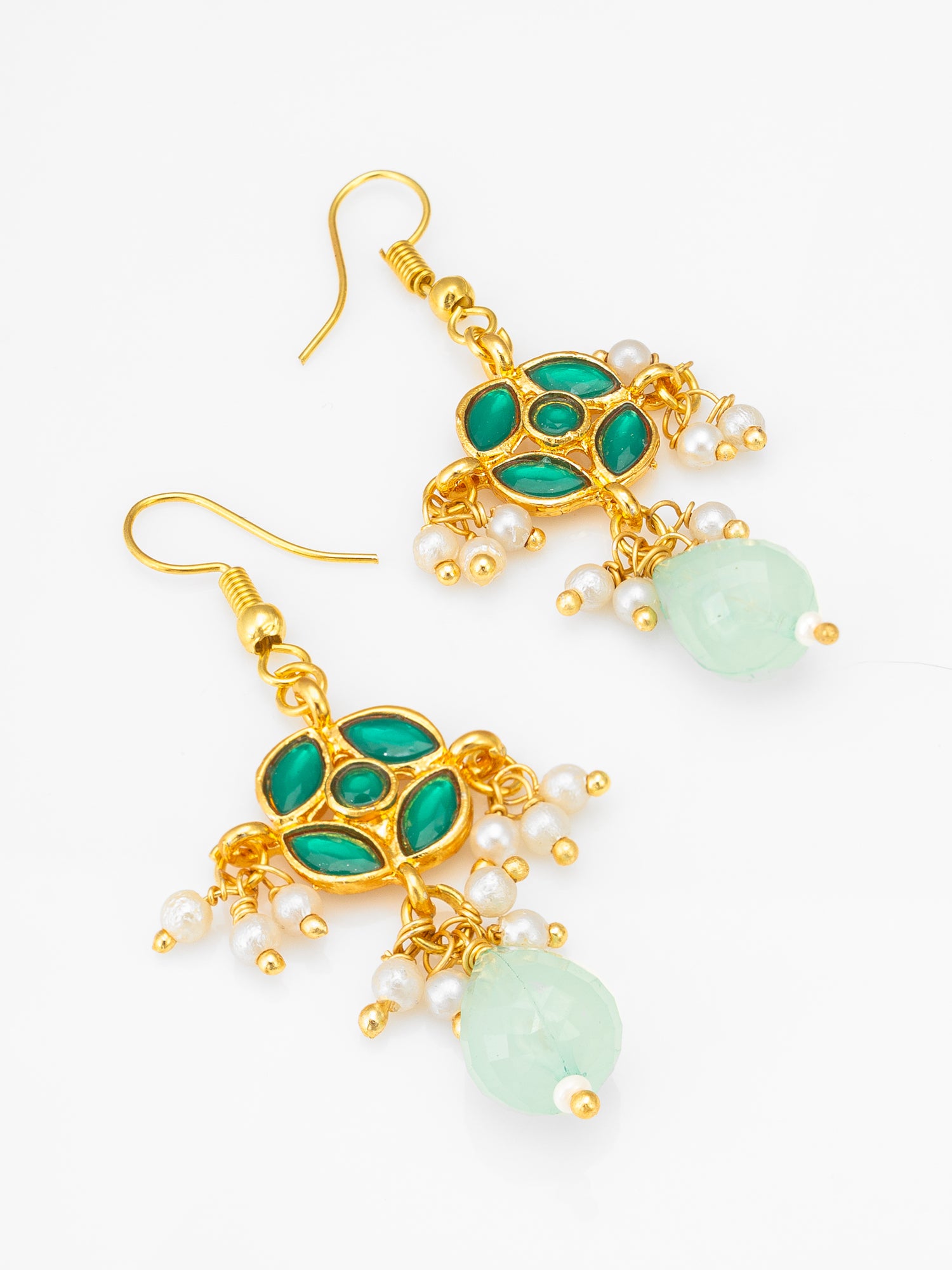 Green Floral Drop Earrings with Pearl Clusters | Aadita Jewelry