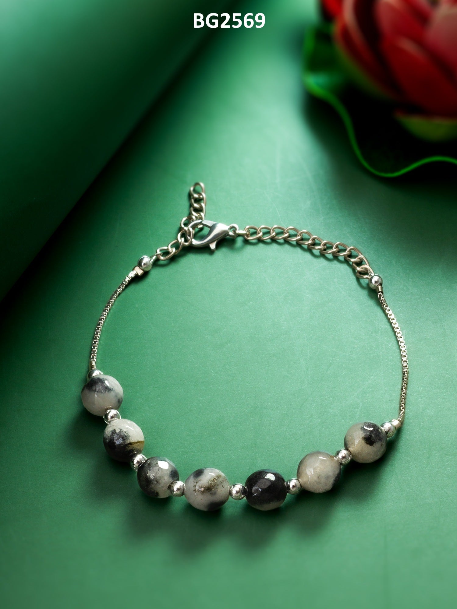 Grey Stone Bead Bracelet with Box Chain – View 4 | Aadita Jewelry
