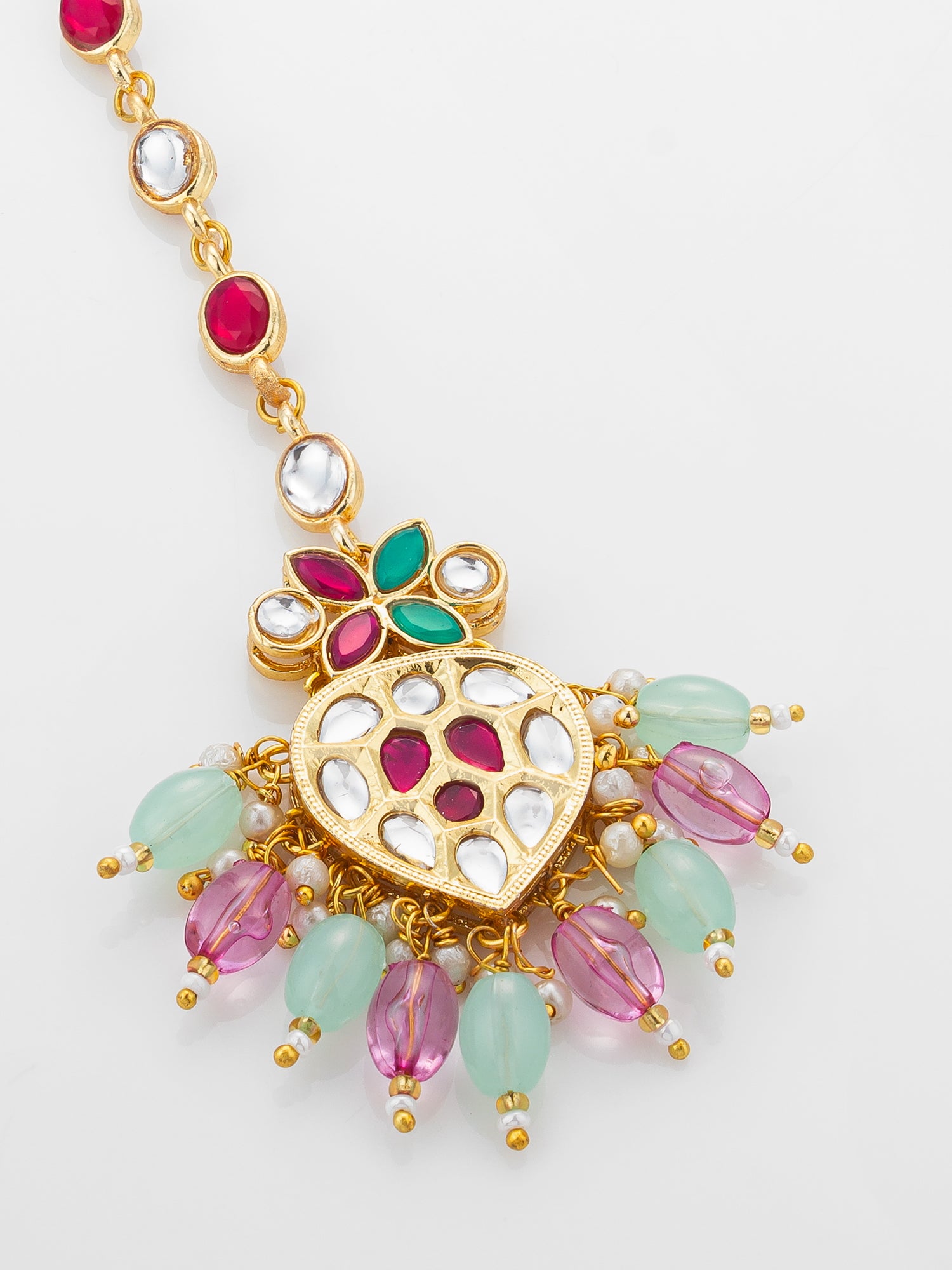 Aadita Gold Plated Mixed Oval Stone Chain Mangtika with Kundan Heart Pendant and Pastel Bead Fringe – View 3 | Aadita Jewelry