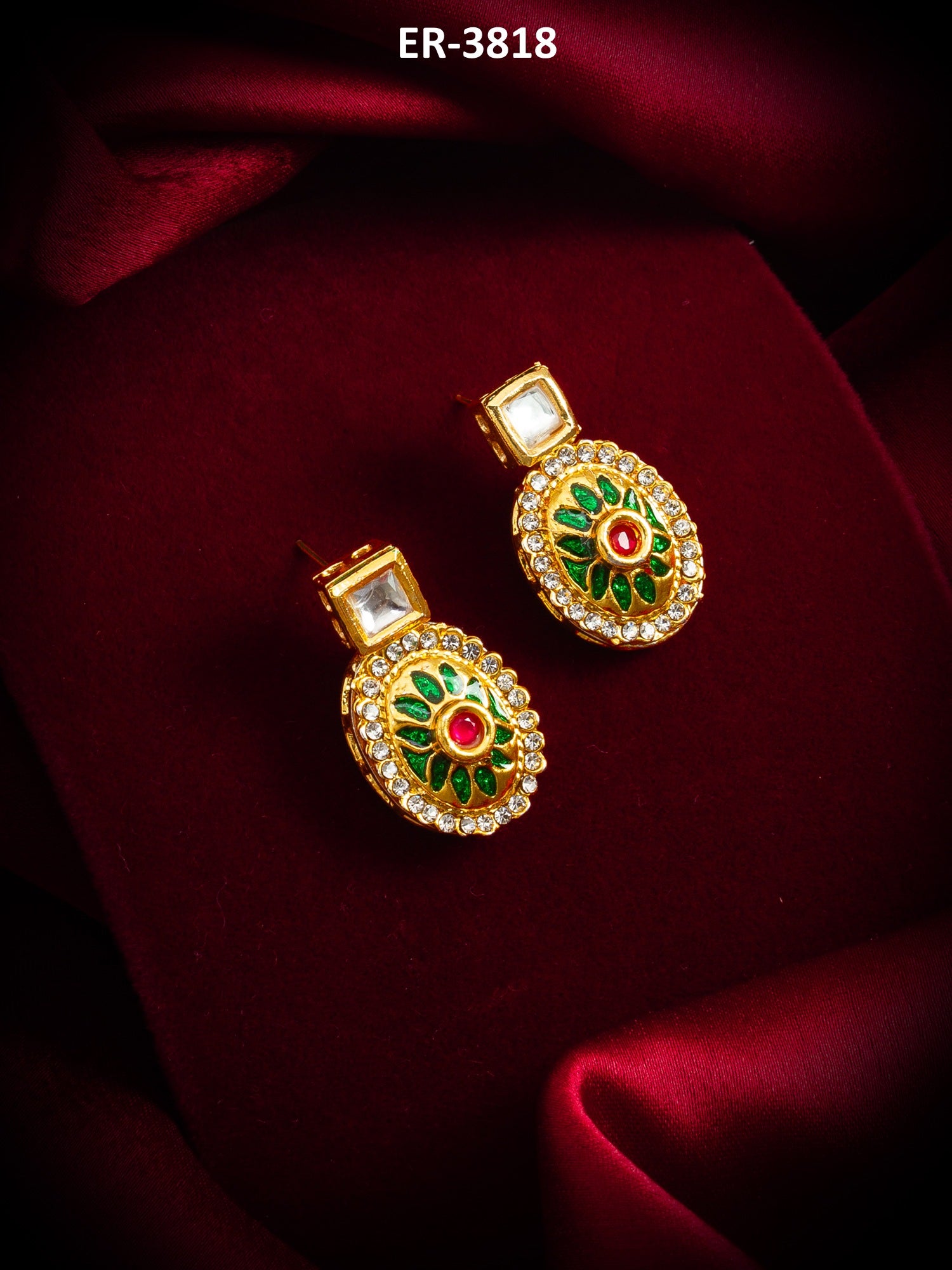 Gold-Plated Square Stud Earrings with Meenakari Drop and Crystal – View 5 | Aadita Jewelry