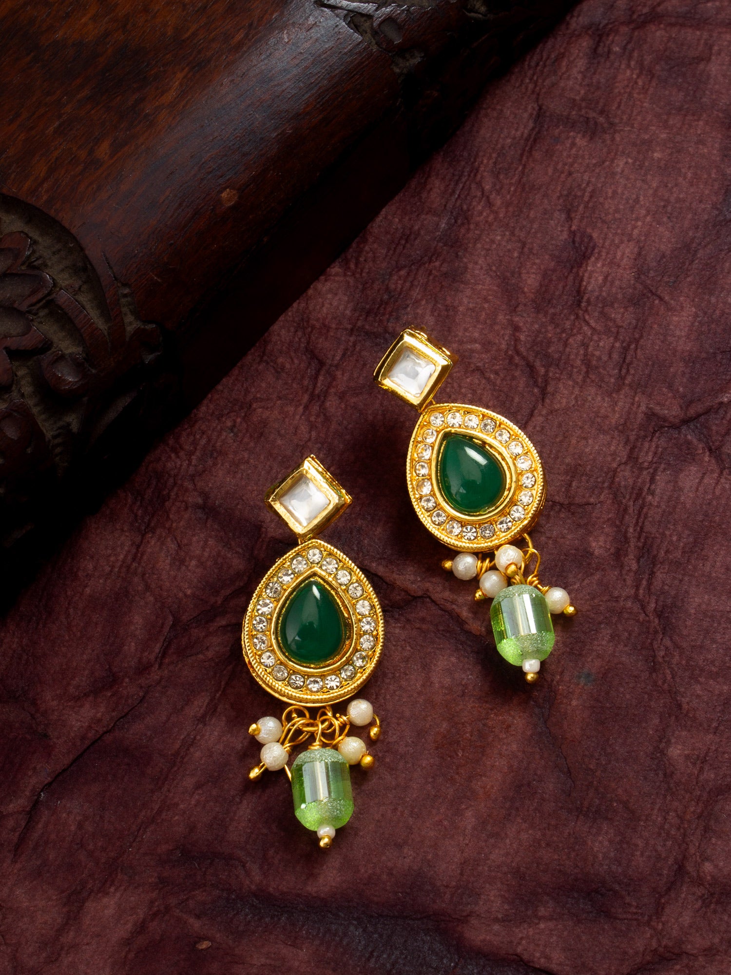 Gold-Plated AD Stone Earrings with Crystal Halo and Bead Drops – View 4 | Aadita Jewelry