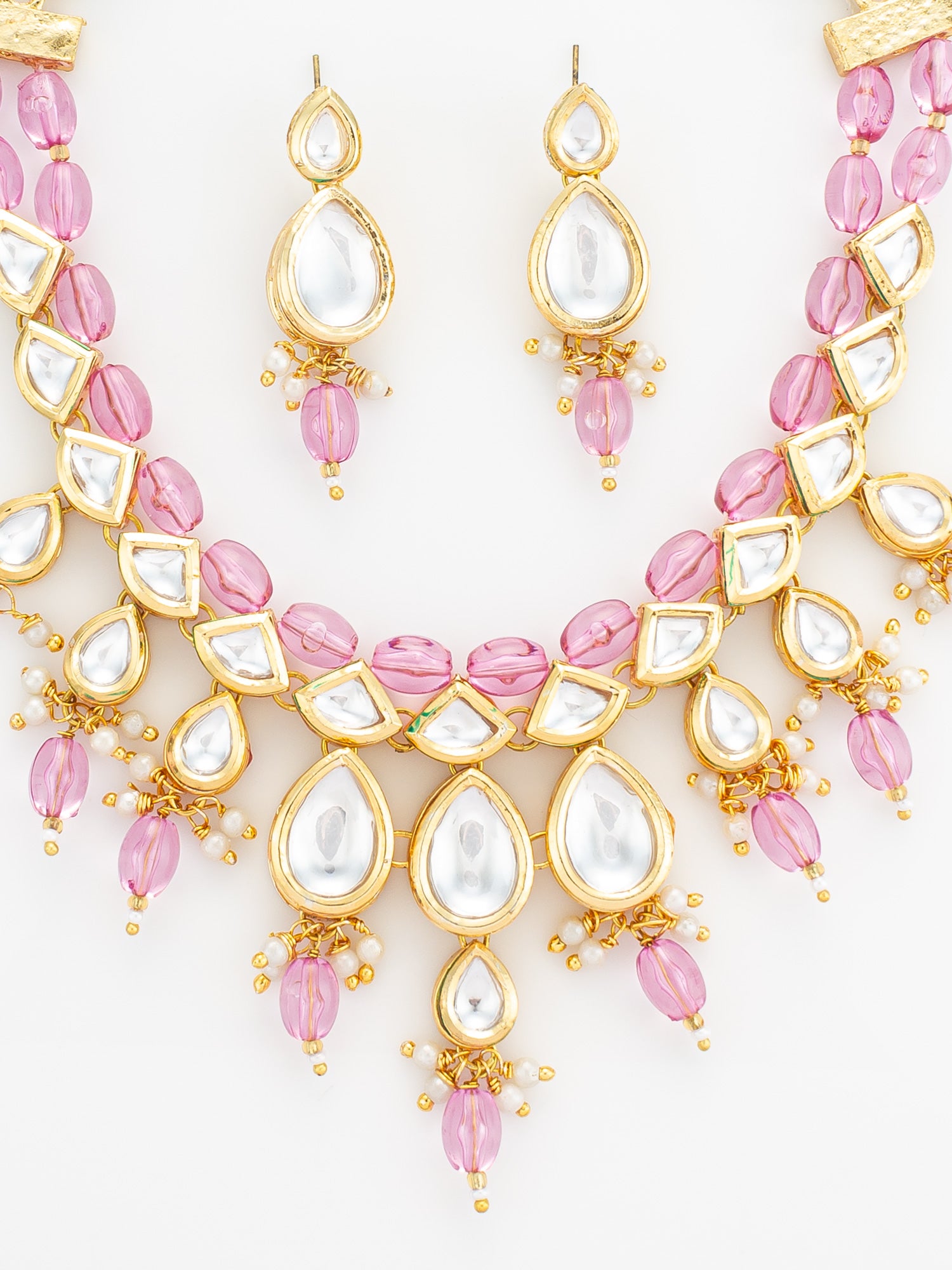Gold Plated Kundan & Pink Crystal Drop Necklace Set – View 4 | Aadita Jewelry