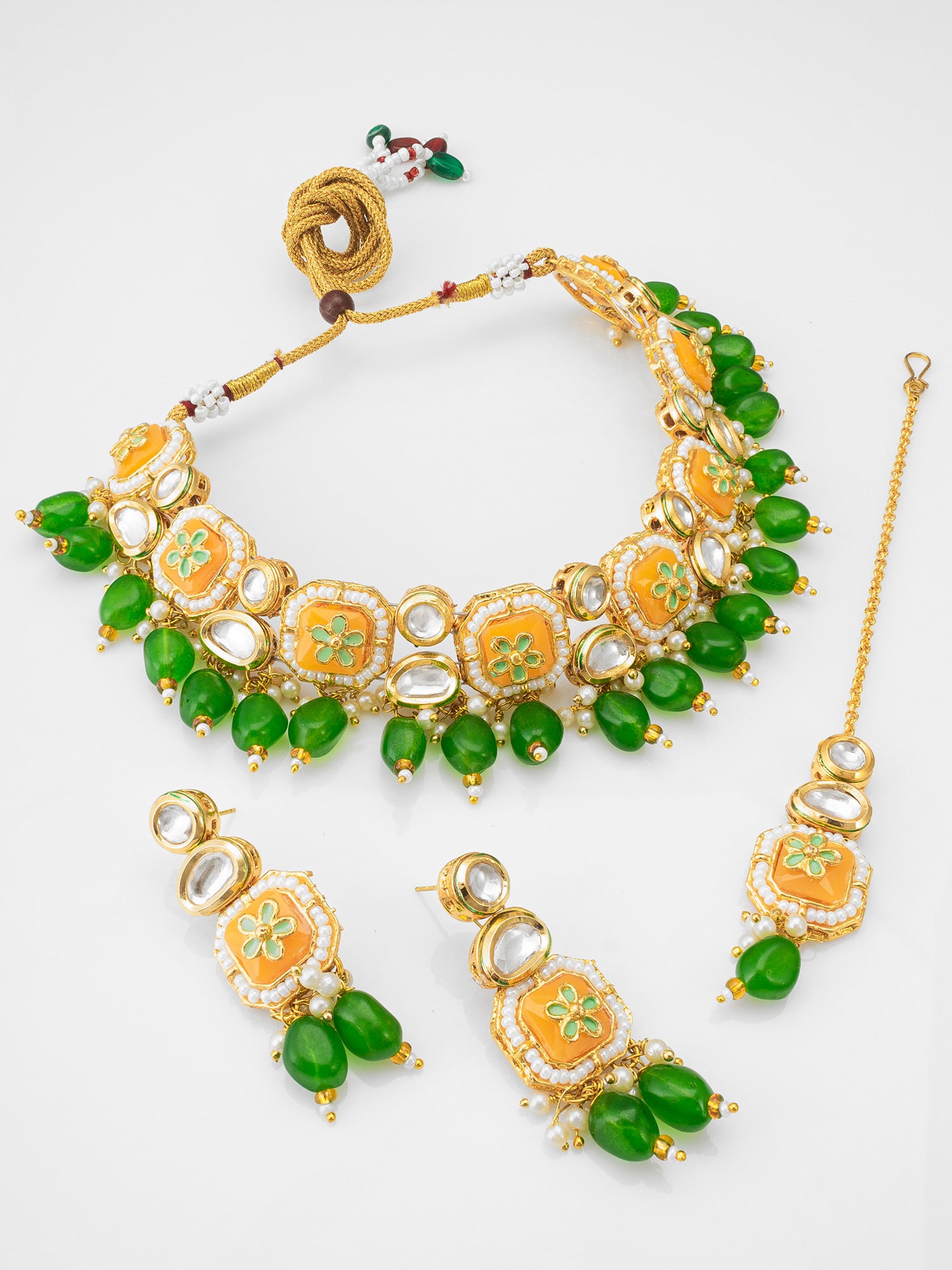 Meenakari Kundan Choker Necklace Set with Flower Motif, Beads and Maang Tikka | Aadita Jewelry