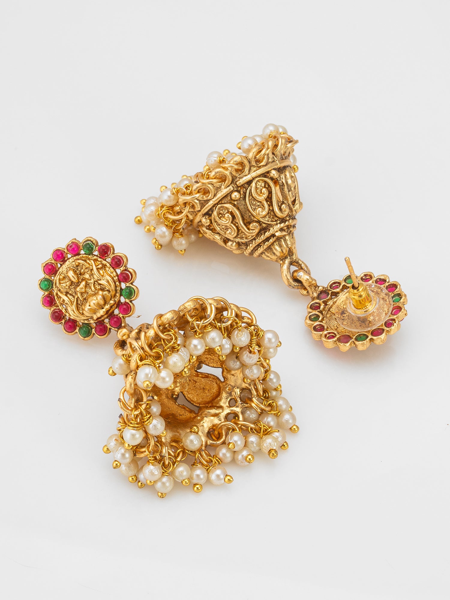 Classic Stone Bordered Deity Jhumka Earrings – View 2 | Aadita Jewelry