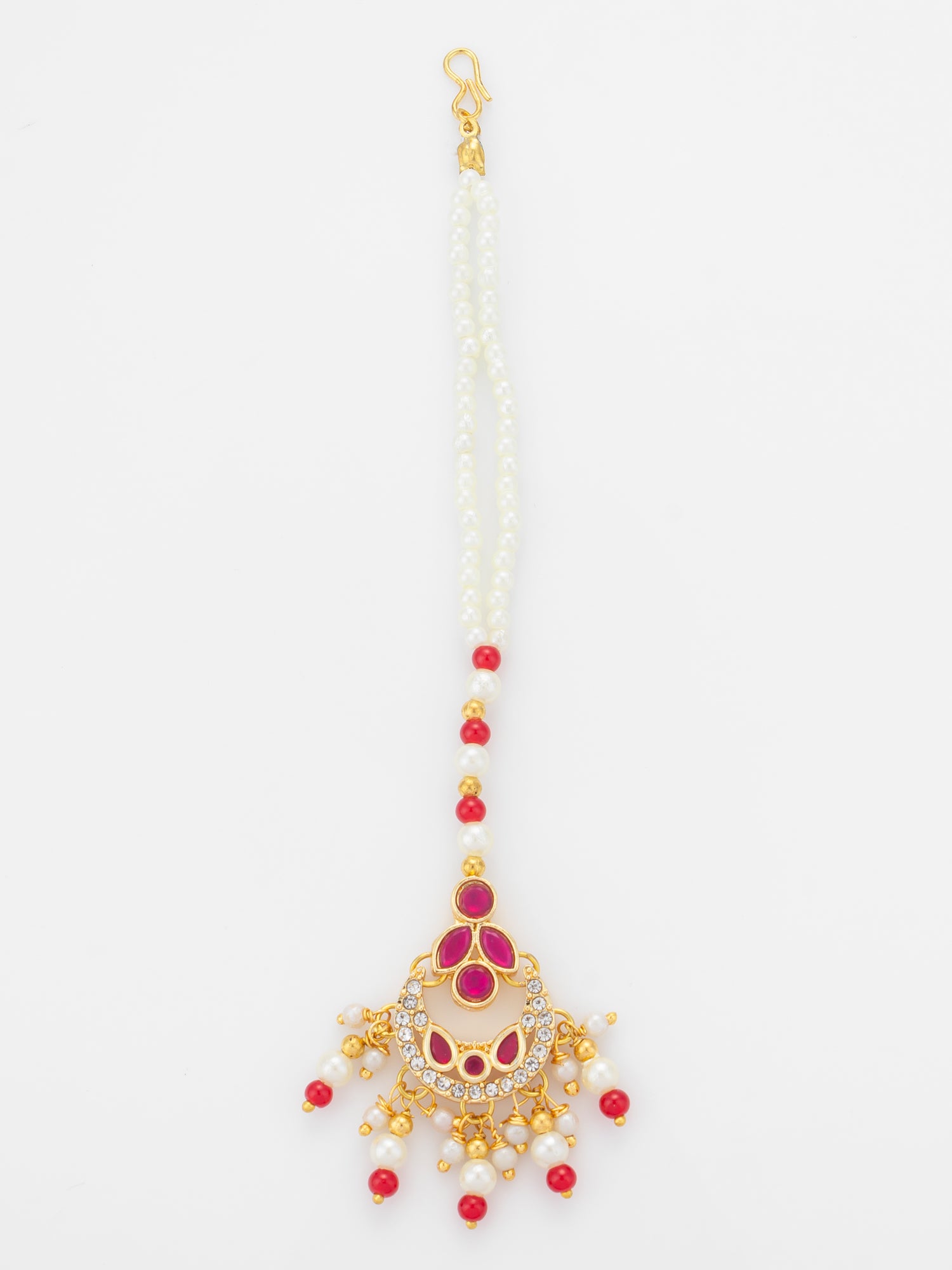 Aadita Gold Plated Ruby Stone Flower Pendant Mangtika with Pearl and Red Bead Chain | Aadita Jewelry