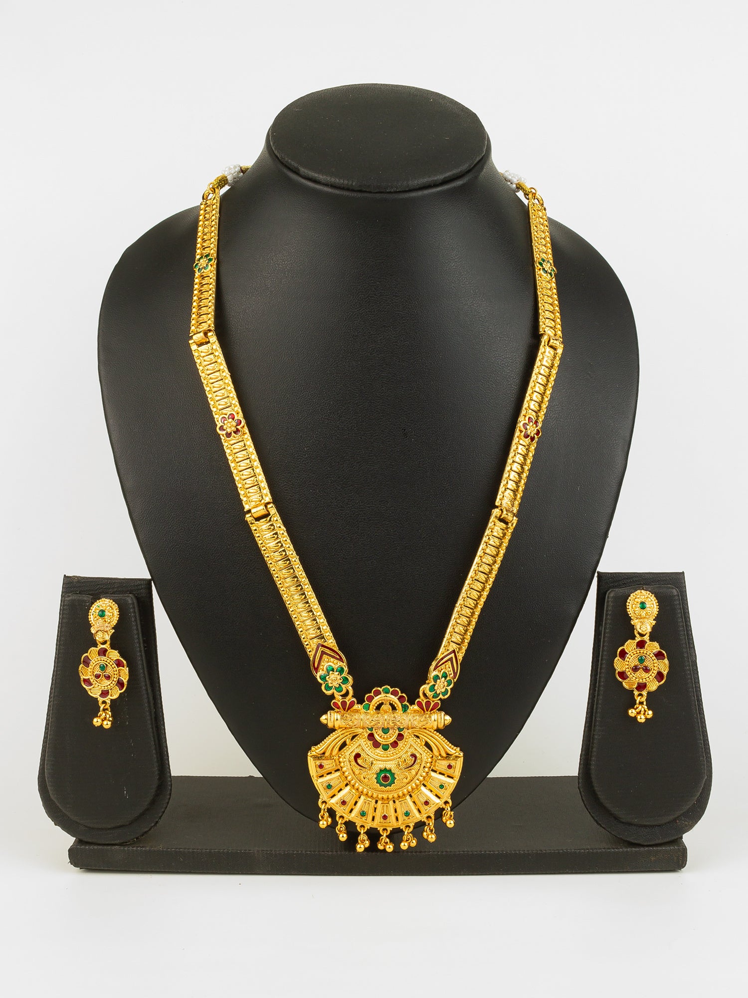 Gold Plated Traditional South Indian Long Necklace Set with Kemp Stones for Women – View 5 | Aadita Jewelry