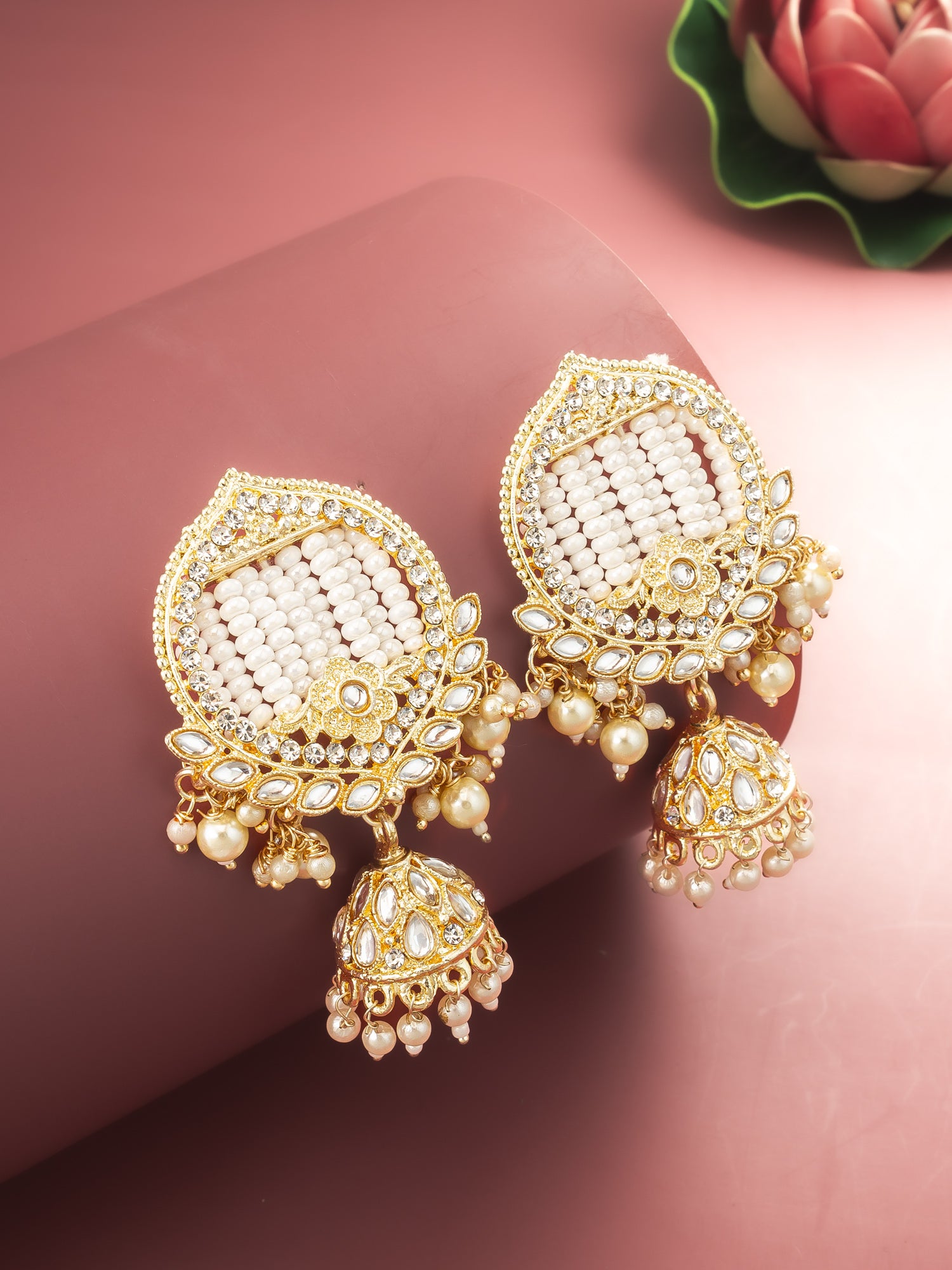 Aadita Gold Plated White Stone Chandelier Jhumka Earrings – View 5 | Aadita Jewelry