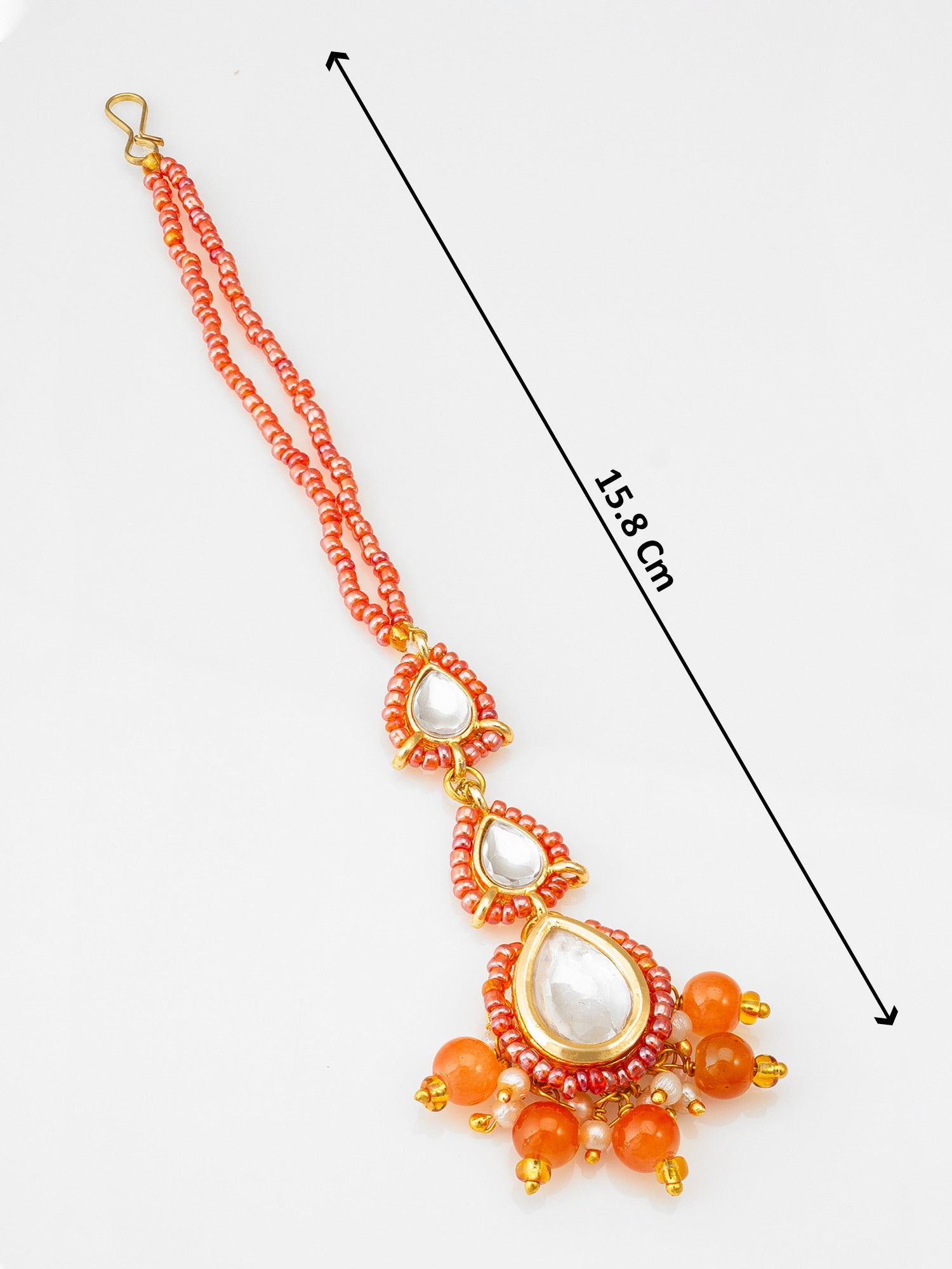 Gold Plated Kundan Pearl Maang Tikka with Orange Beads for Women & Girls – View 4 | Aadita Jewelry