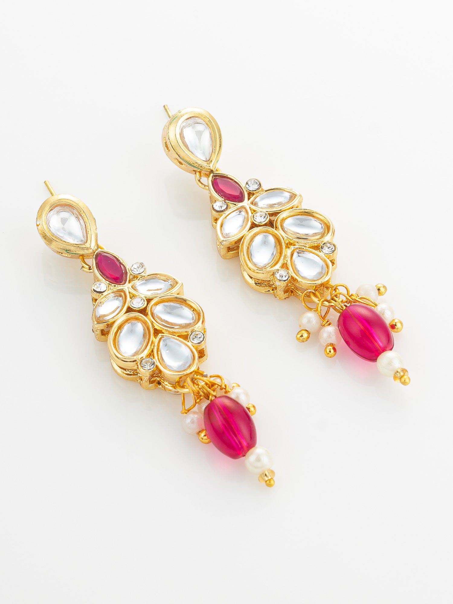 Gold Plated Pearl and Pink Crystal Bead Long Necklace Set – View 2 | Aadita Jewelry
