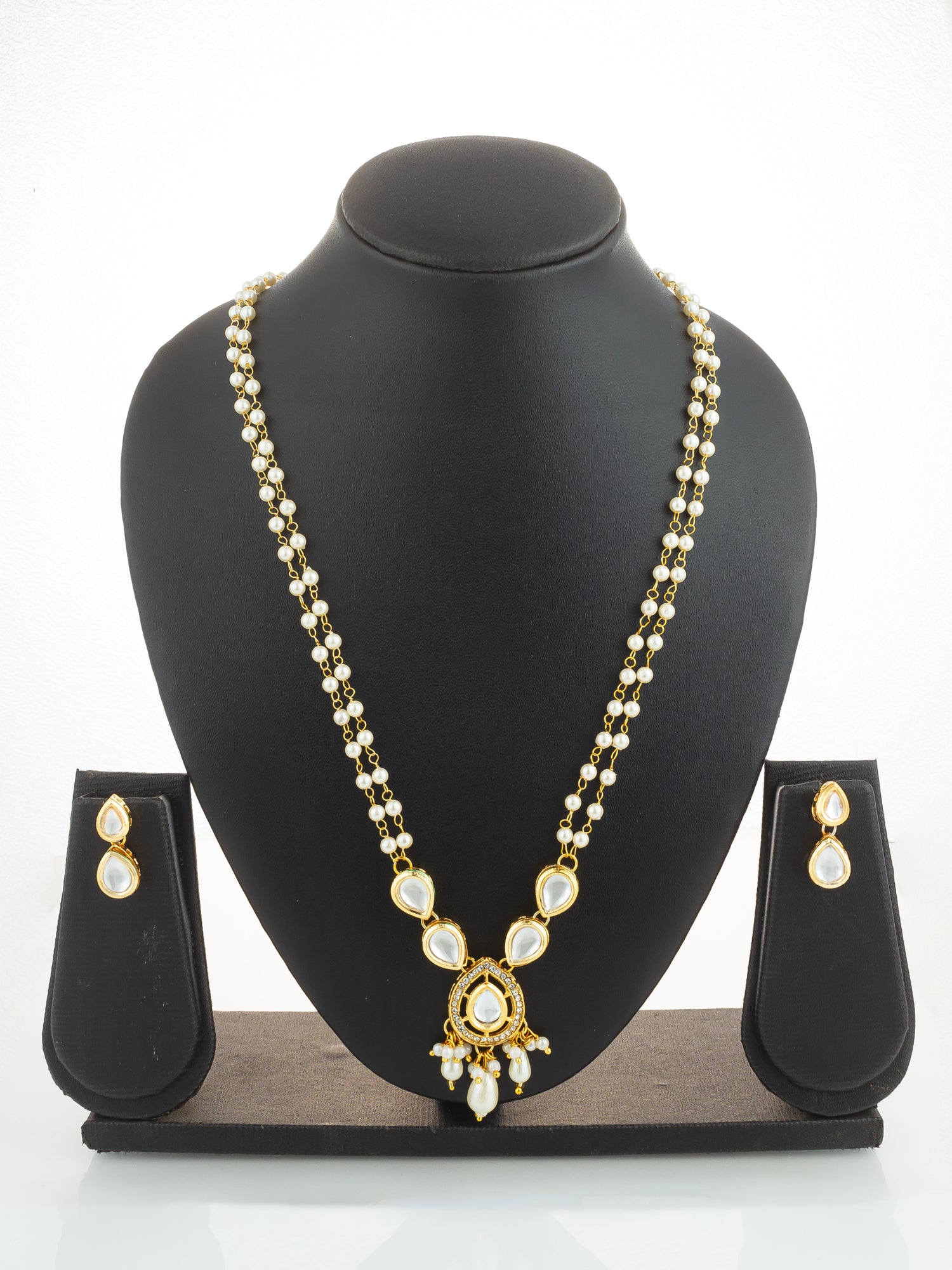Gold Plated Pearl and Kundan Long Necklace Set – View 5 | Aadita Jewelry