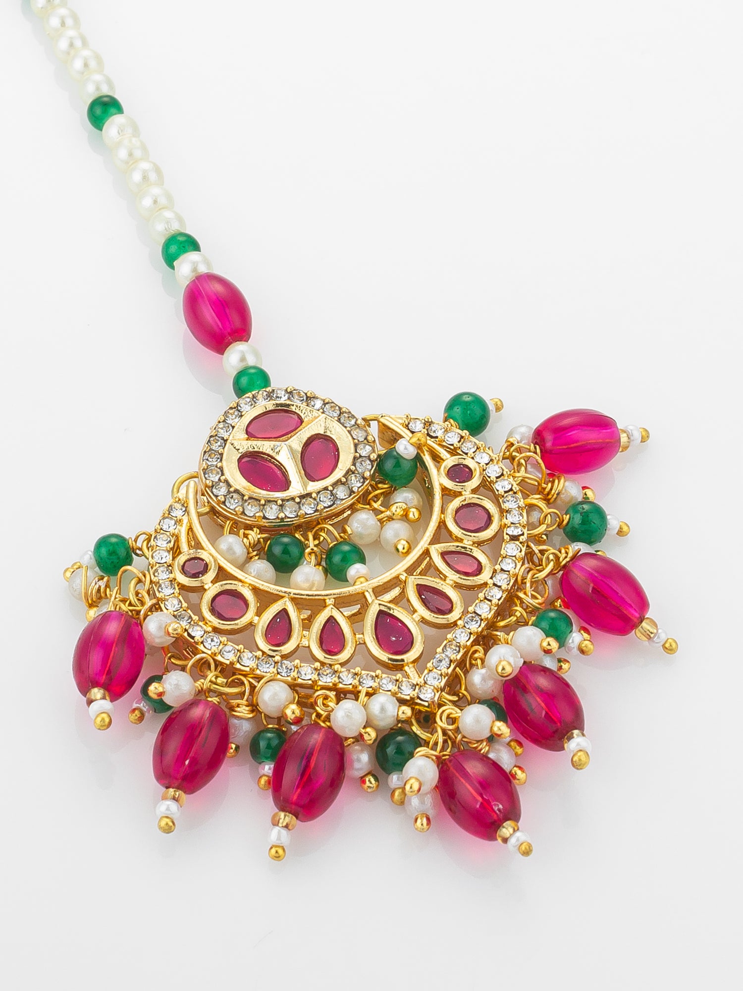 Aadita Gold Plated Kundan Maang Tikka with Pink and Green Beads – View 3 | Aadita Jewelry