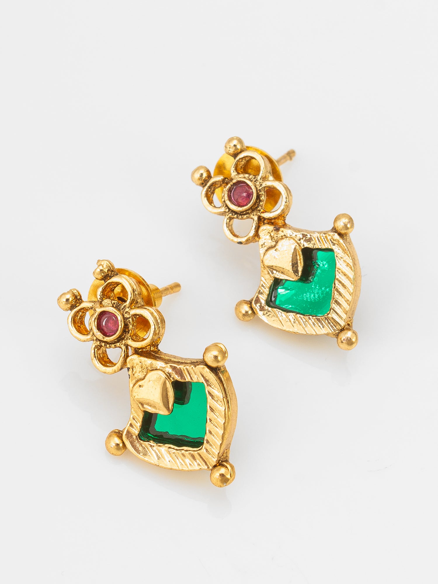Gold-Tone Green Stone Floral Necklace Set with Stud Earrings | Aadita Jewelry