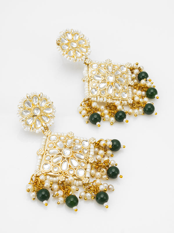 Kundan Square Pendant Earrings with Emerald Green Beads and Pearl Drops | Aadita Jewelry