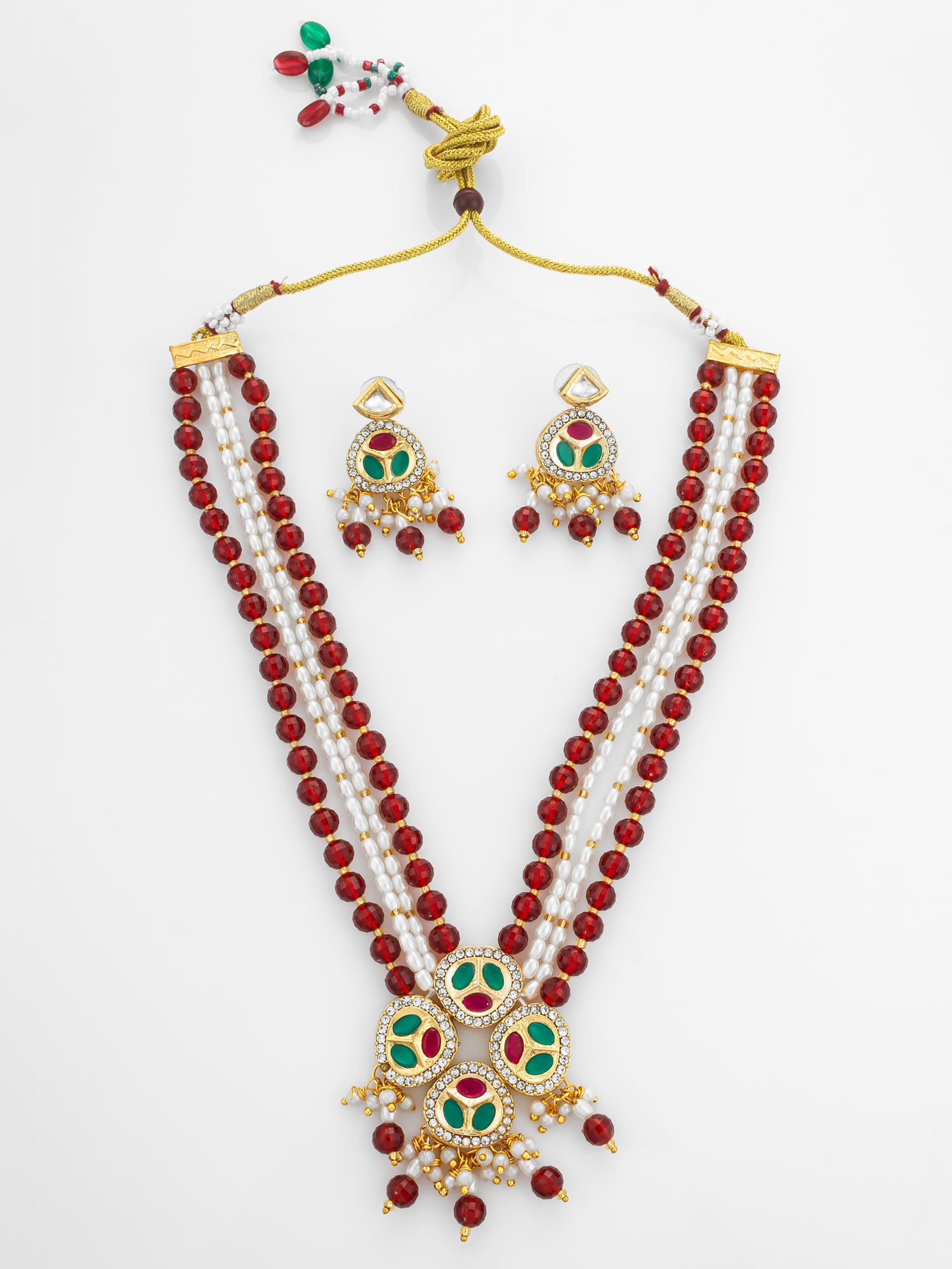 Ruby Red and Pearl Multi-Strand Kundan Long Necklace Set | Aadita Jewelry