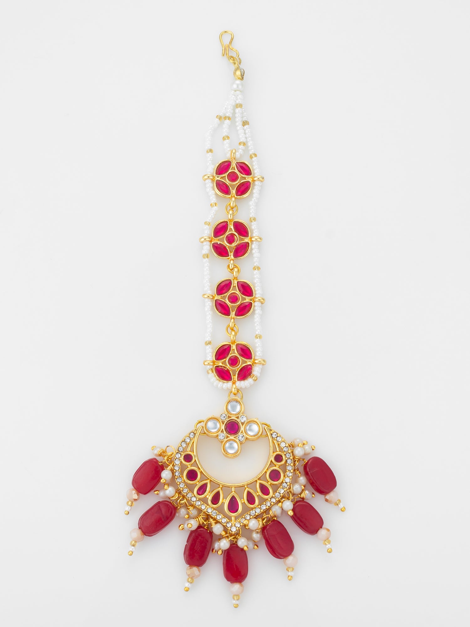 Aadita Gold Plated Kundan Chandbali Maang Tikka with Ruby Red Beads and Pearl Chain | Aadita Jewelry
