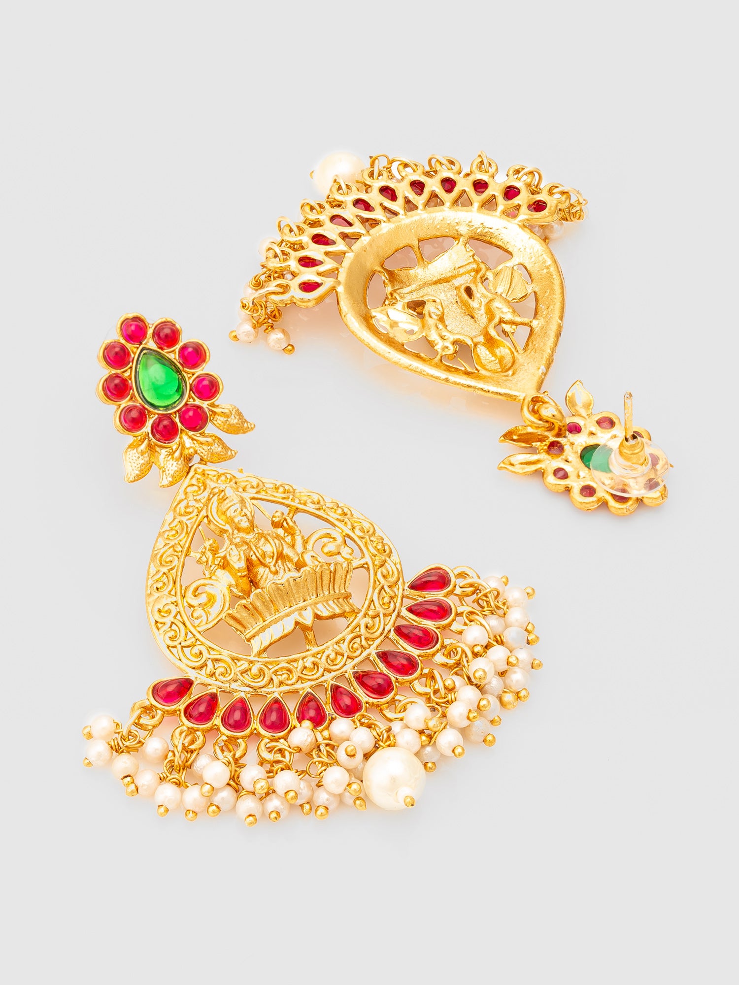 Aadita Temple Design Gold Plated Earrings with Green & Red Stones – View 3 | Aadita Jewelry