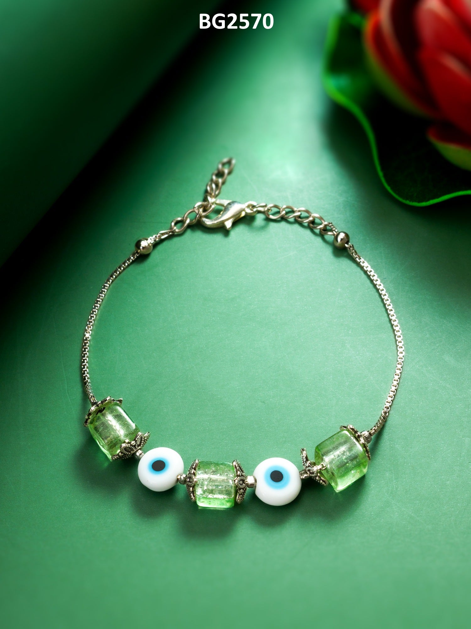 Green Crackle Glass & Evil Eye Bead Bracelet with Floral Cap Accents – View 4 | Aadita Jewelry