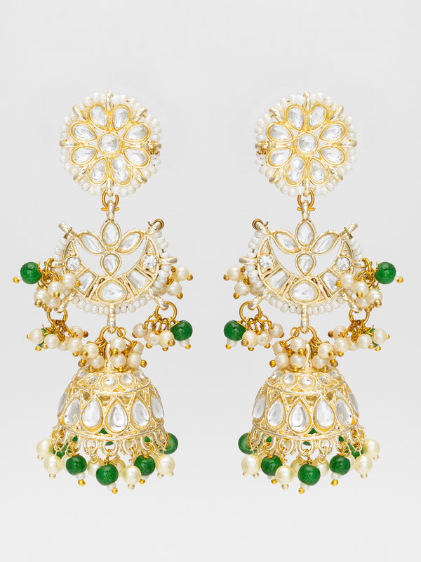 Traditional Kundan Green Bead Pearl Jhumka Earrings | Aadita Jewelry