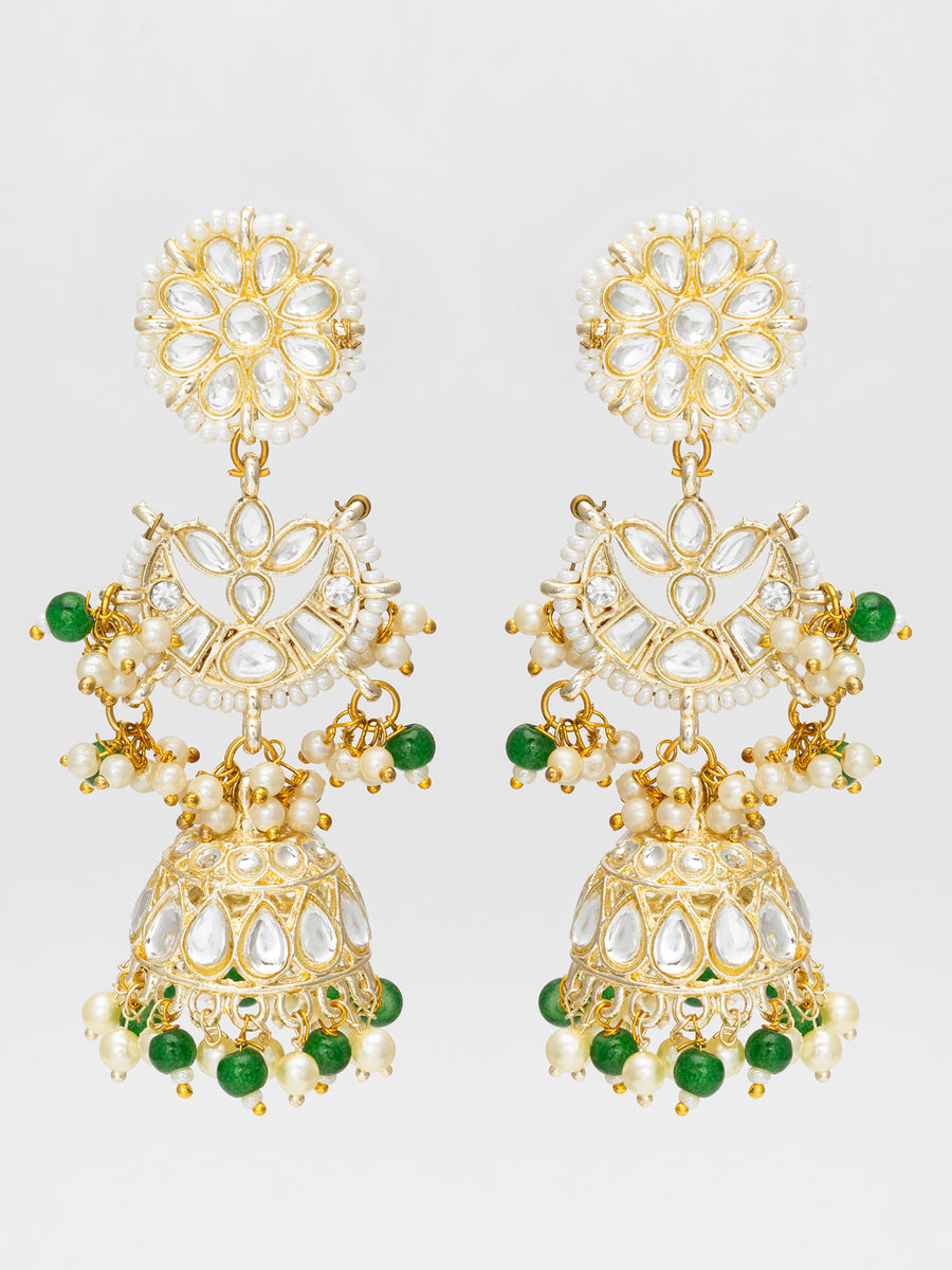 Traditional Kundan Green Bead Pearl Jhumka Earrings