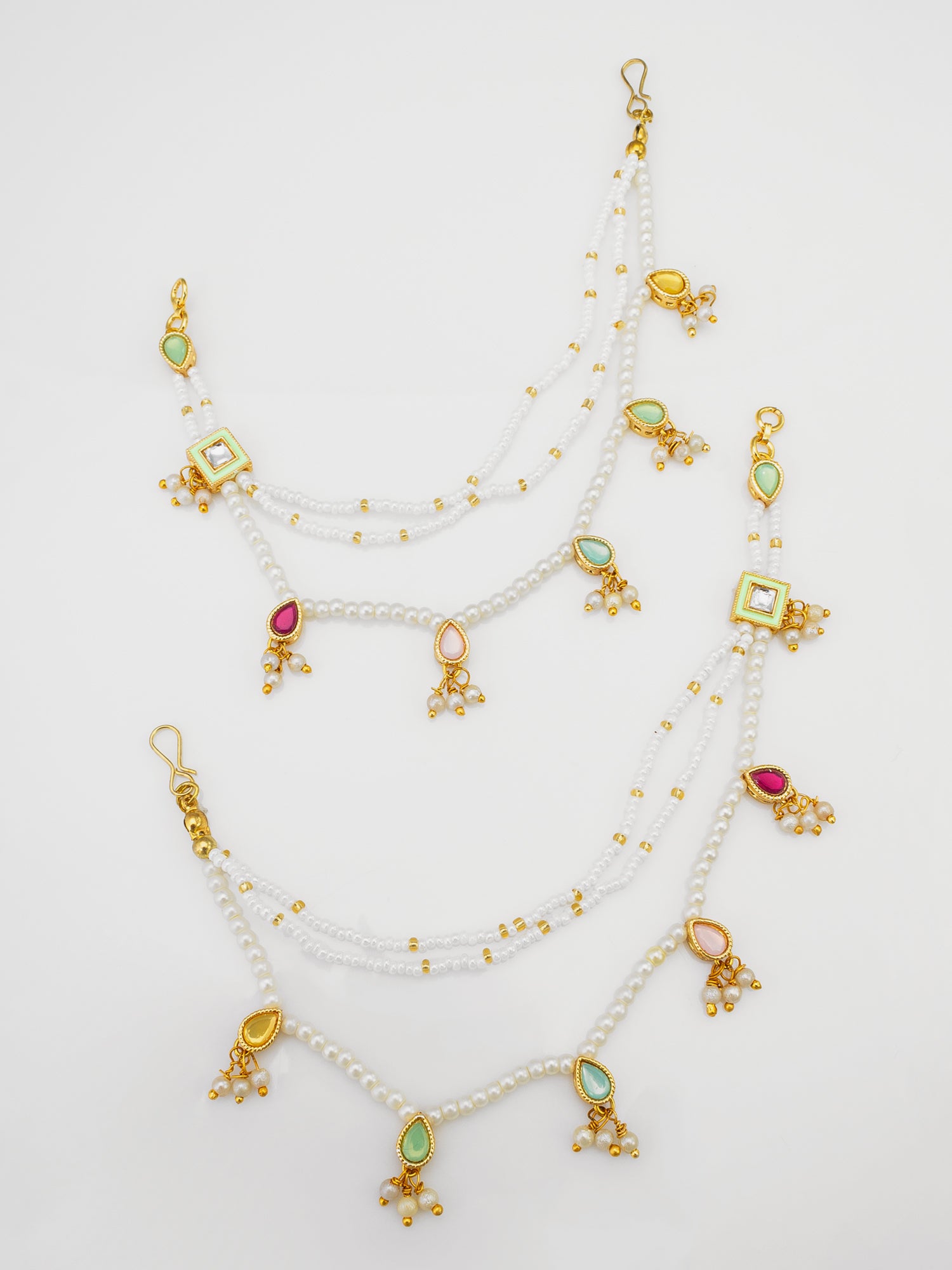 Pearl Seed Bead Ear Chain with Multicolor Kundan Teardrop and Square Pendants – View 2 | Aadita Jewelry