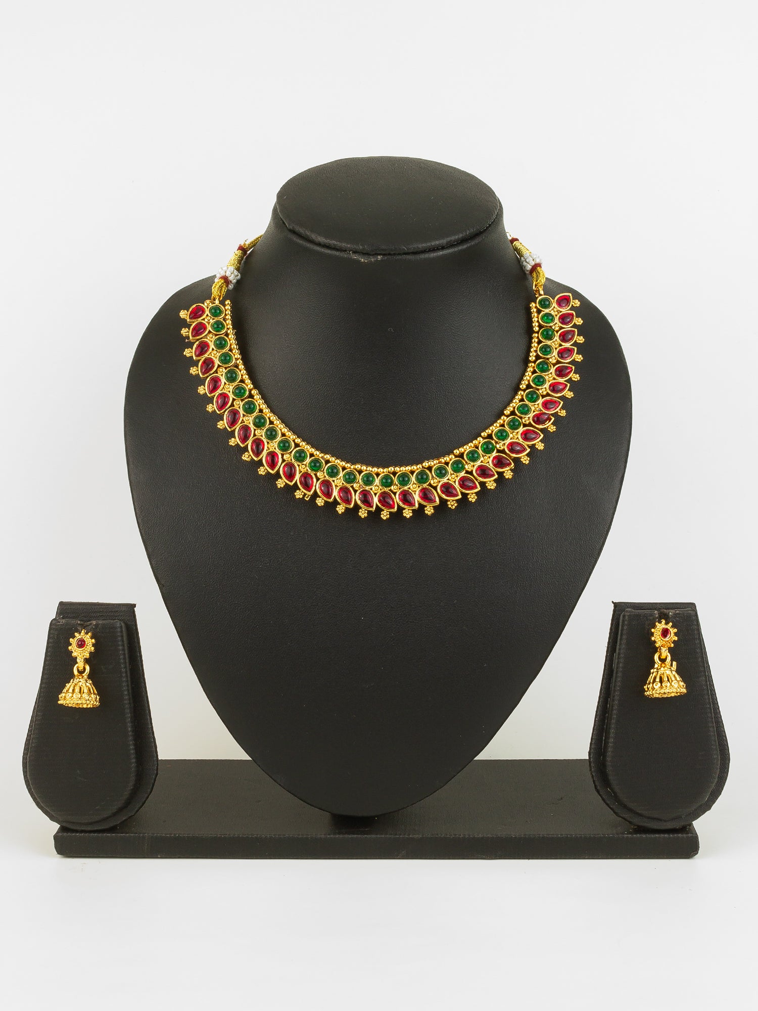 Gold Plated Red & Green Traditional Round and Teardrop Stone Necklace Set – View 5 | Aadita Jewelry