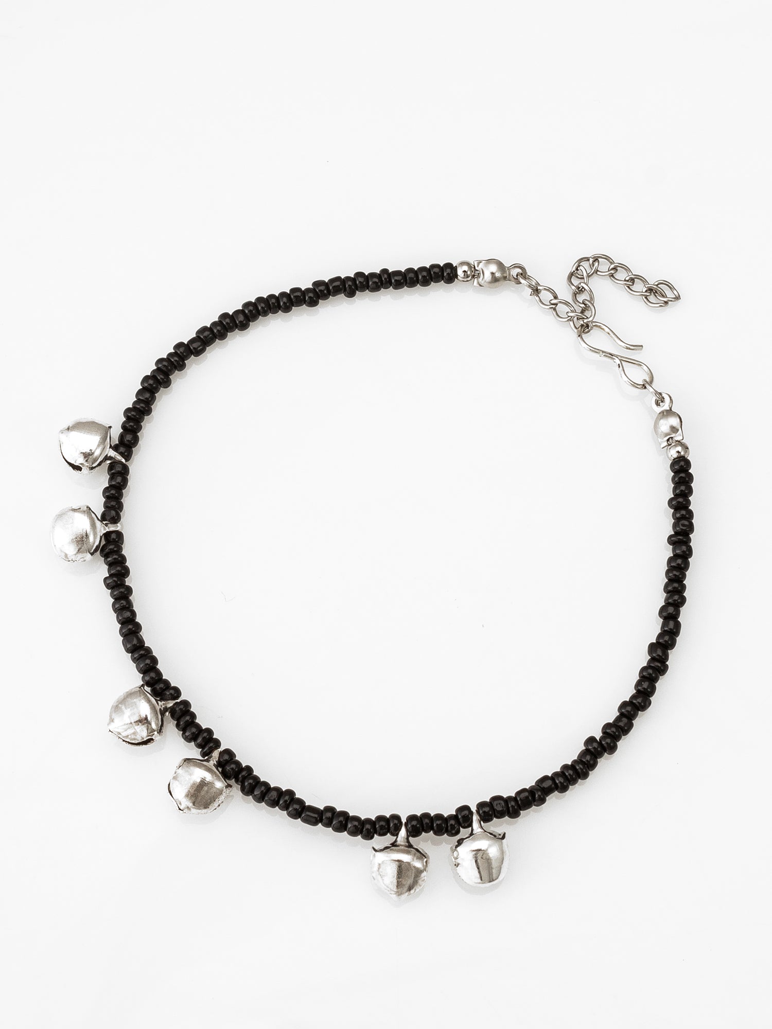 Black Seed Bead Anklet with Silver-Tone Ghungroo Bell Charms – View 2 | Aadita Jewelry
