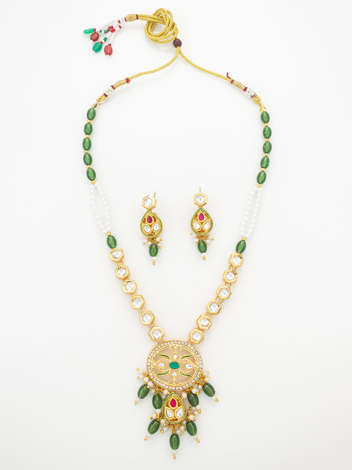Aadita Green Meenakari Long Necklace Set with Oval Pendant and Teardrop Earrings | Aadita Jewelry