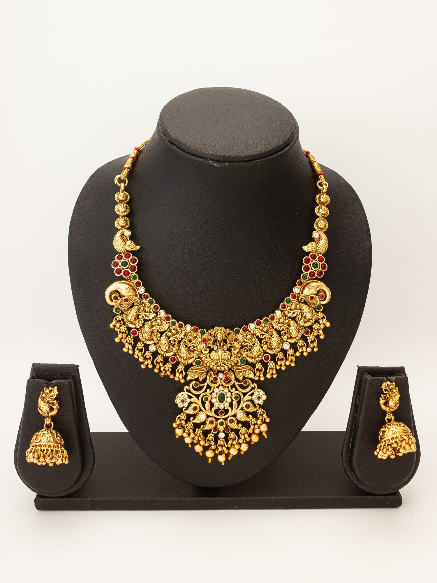 Antique Gold Temple Necklace Set with Multicolour Stones and Gold Bead Drops – View 4 | Aadita Jewelry