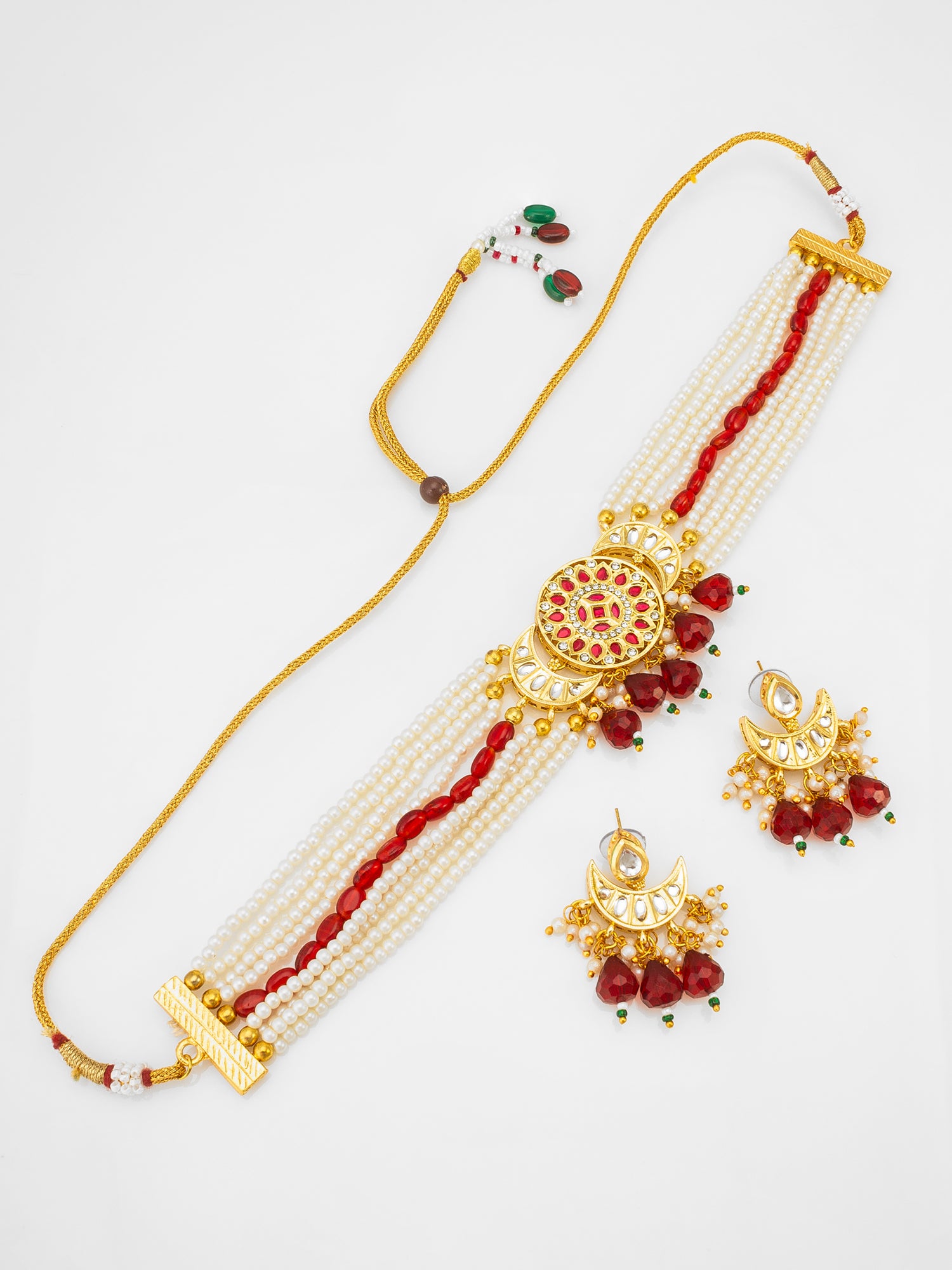 White Pearl Strand Choker Necklace Set with  Moon Pendant and Chandbali Earrings | Aadita Jewelry