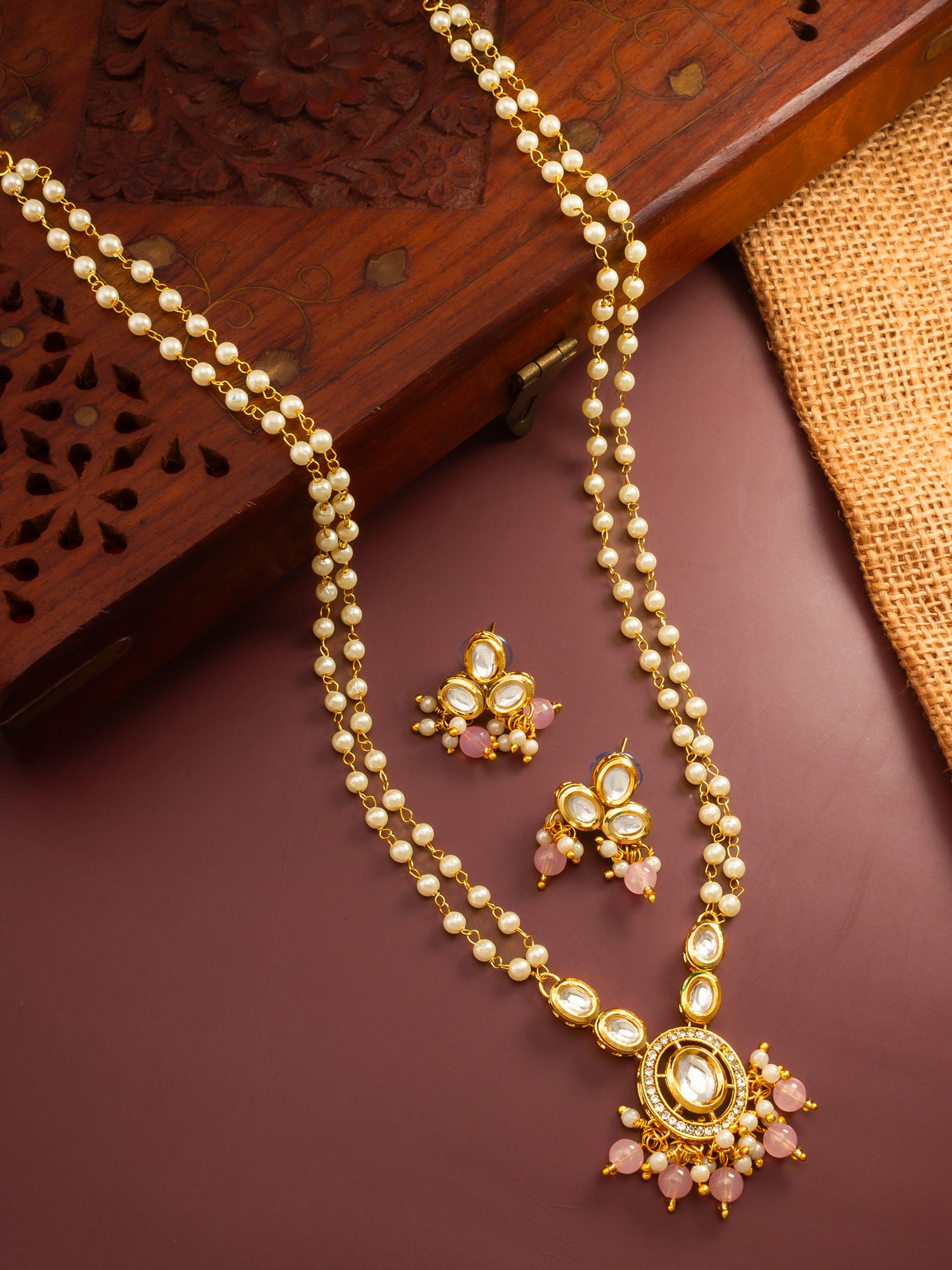 Gold Plated Kundan and Pink Pearl Long Necklace Set – View 5 | Aadita Jewelry