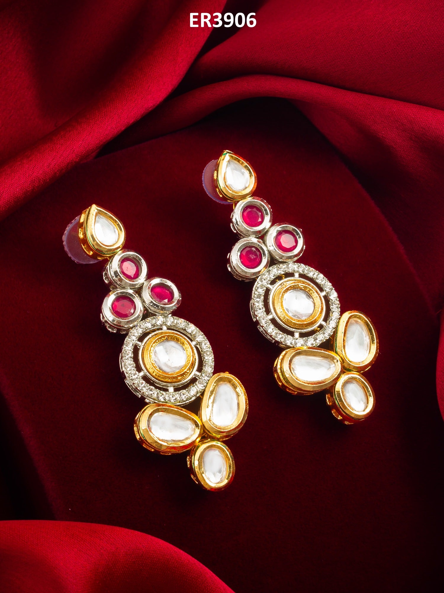 Dual-Tone Ruby Red and Kundan Studded Traditional Dangler Earrings – View 5 | Aadita Jewelry