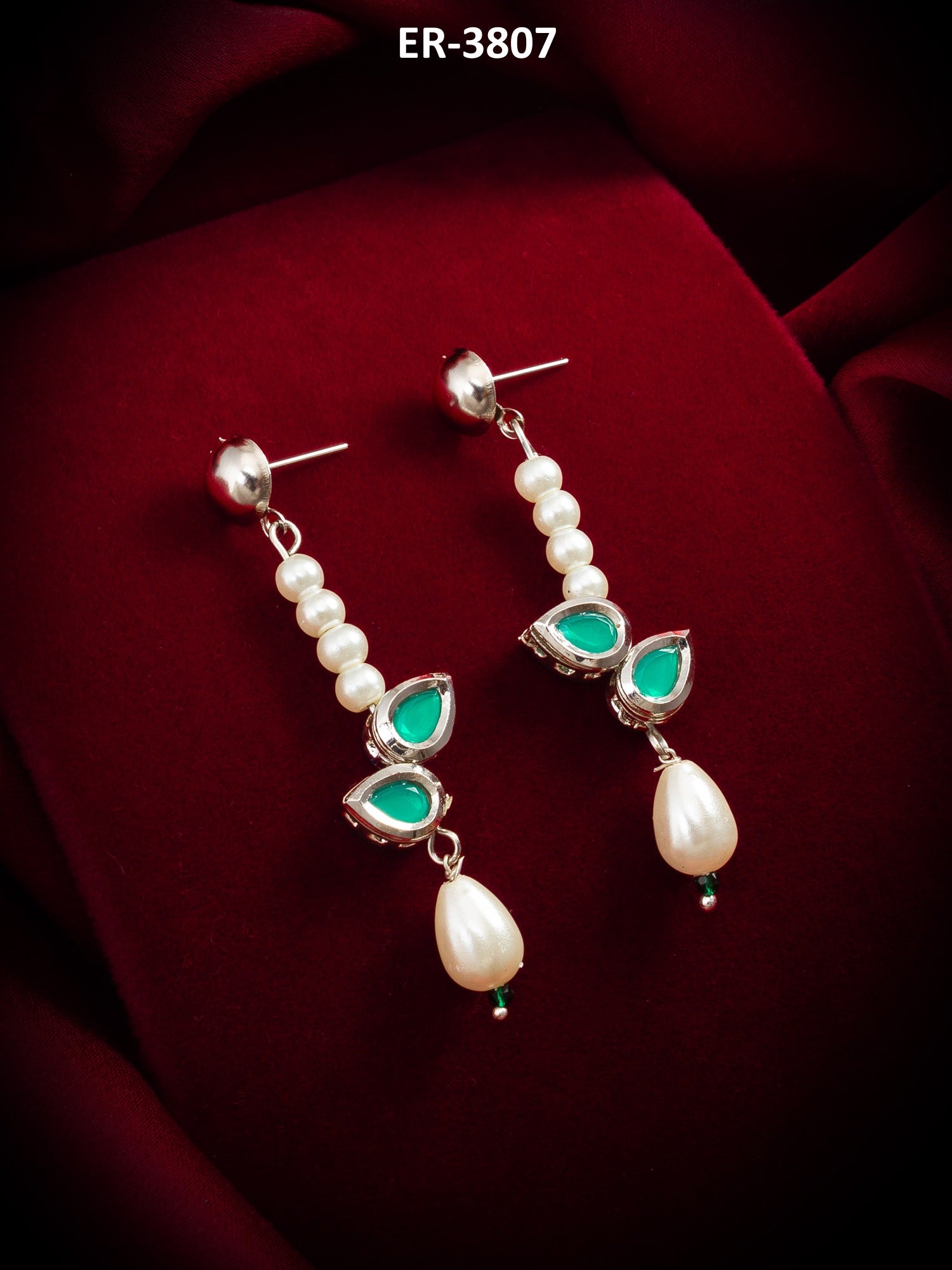 Elegant Silver Plated Green Stone and Pearl Drop Earrings – View 5 | Aadita Jewelry