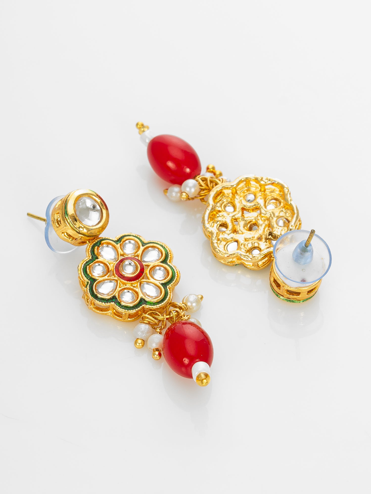 Gold Plated Kundan Floral Necklace Set with Red Beads – View 3 | Aadita Jewelry